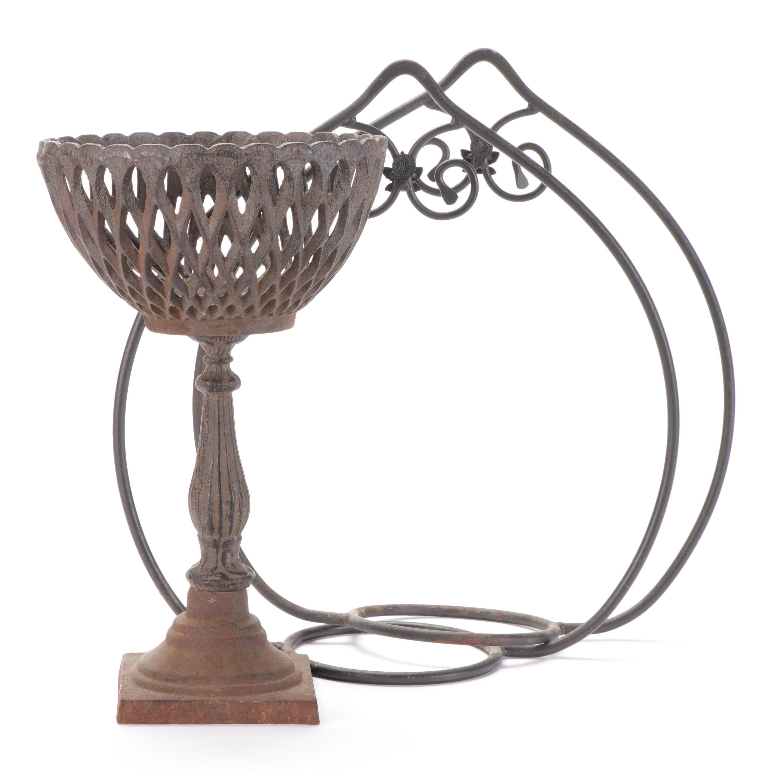 Cast Iron Pedestal Planter with Wrought Iron Hanging Planters