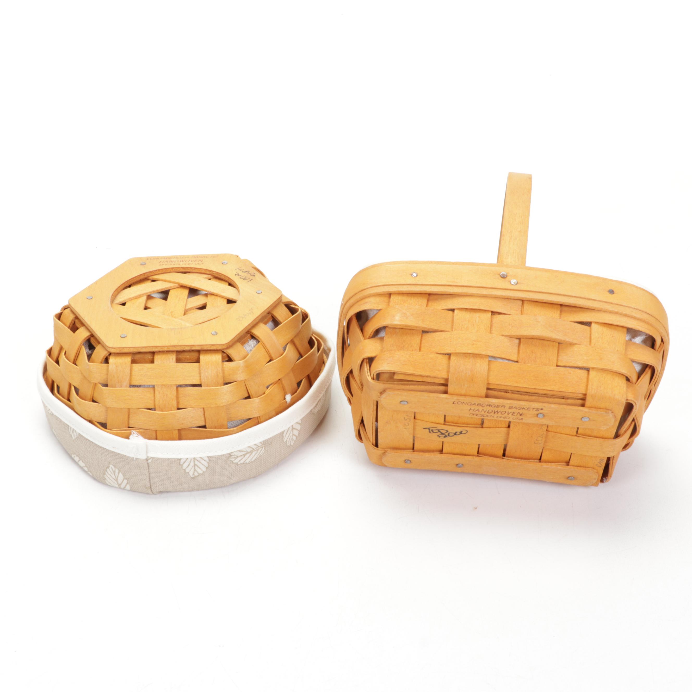 Longaberger Handwoven Basket Tray and Handled Basckets With "Stone Leaf" Liners