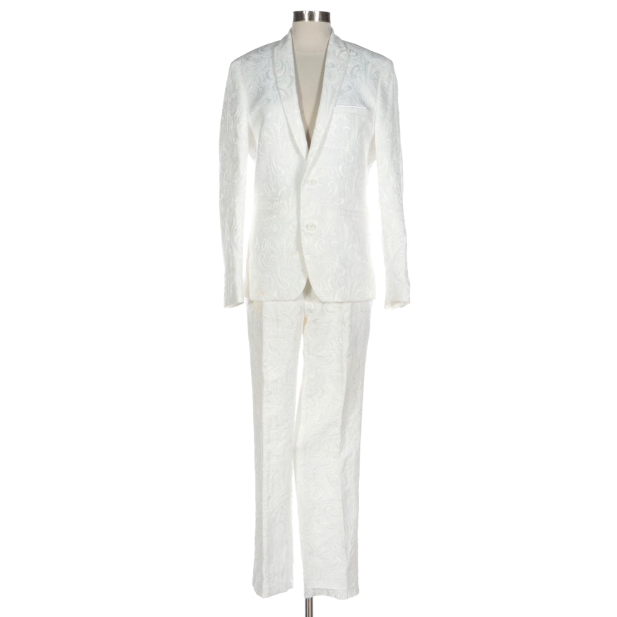 INC International Concepts Milan White Jacquard Slim Fit Pantsuit