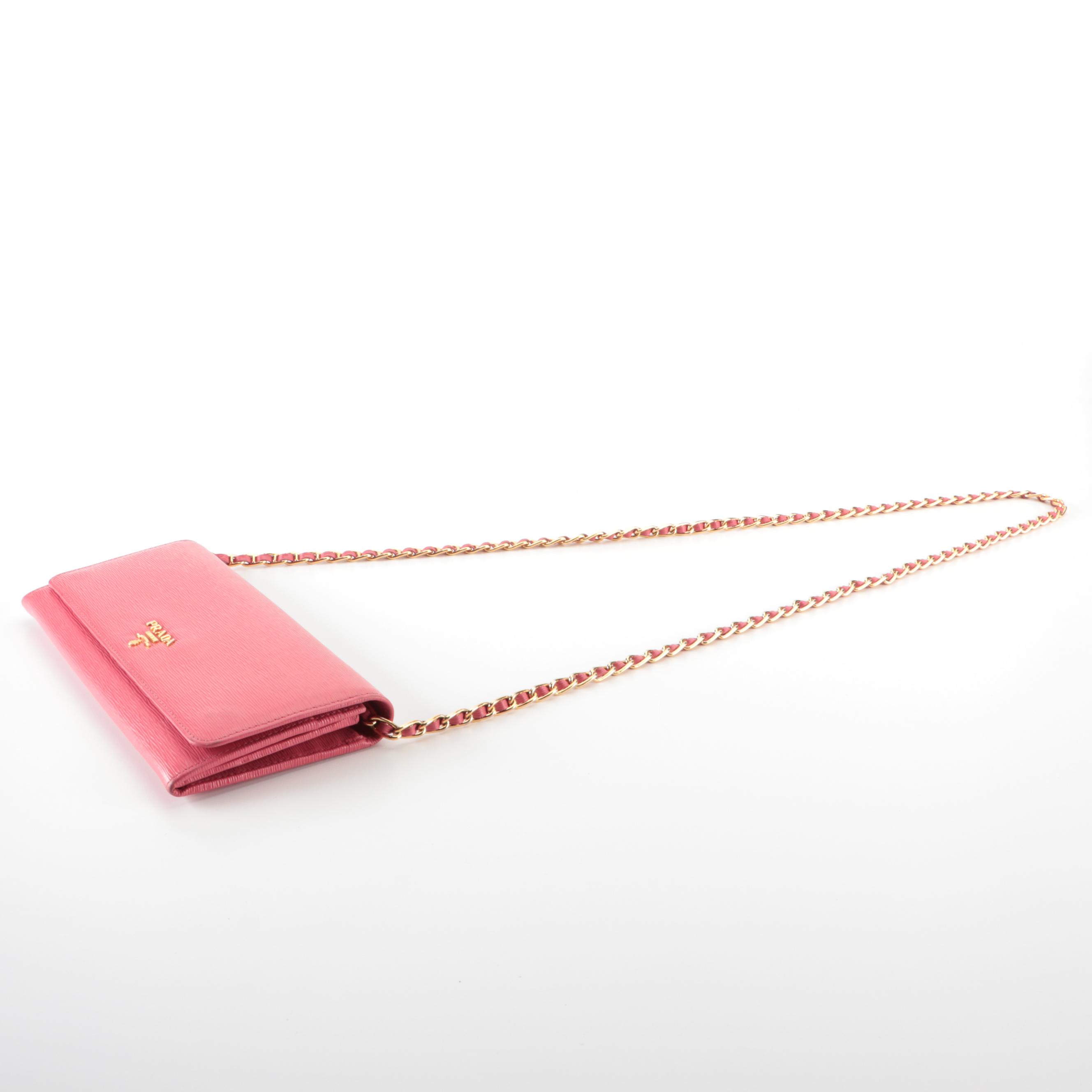 Prada Wallet on Oro Chain in Peony Pink Vitello Move Leather