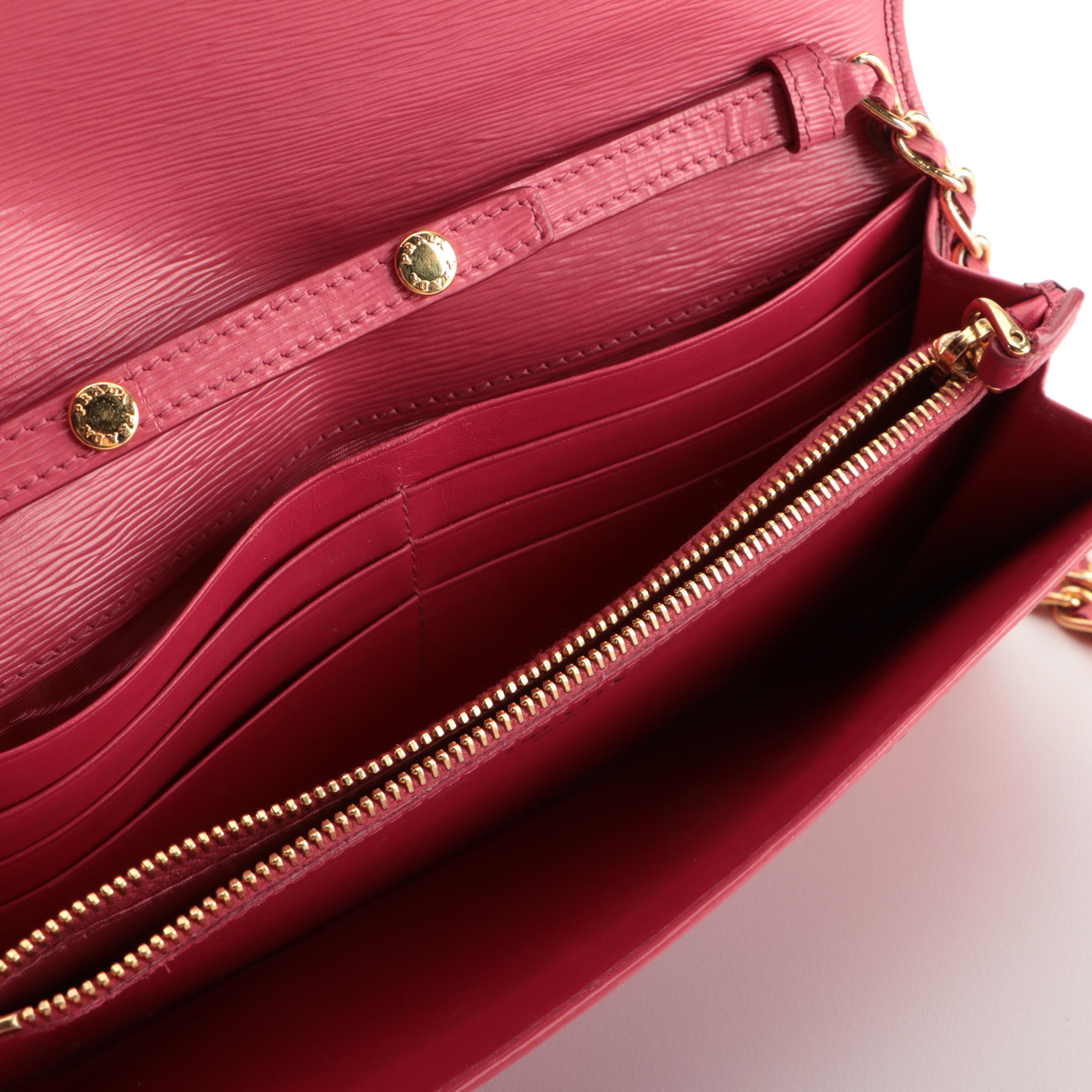 Prada Wallet on Oro Chain in Peony Pink Vitello Move Leather