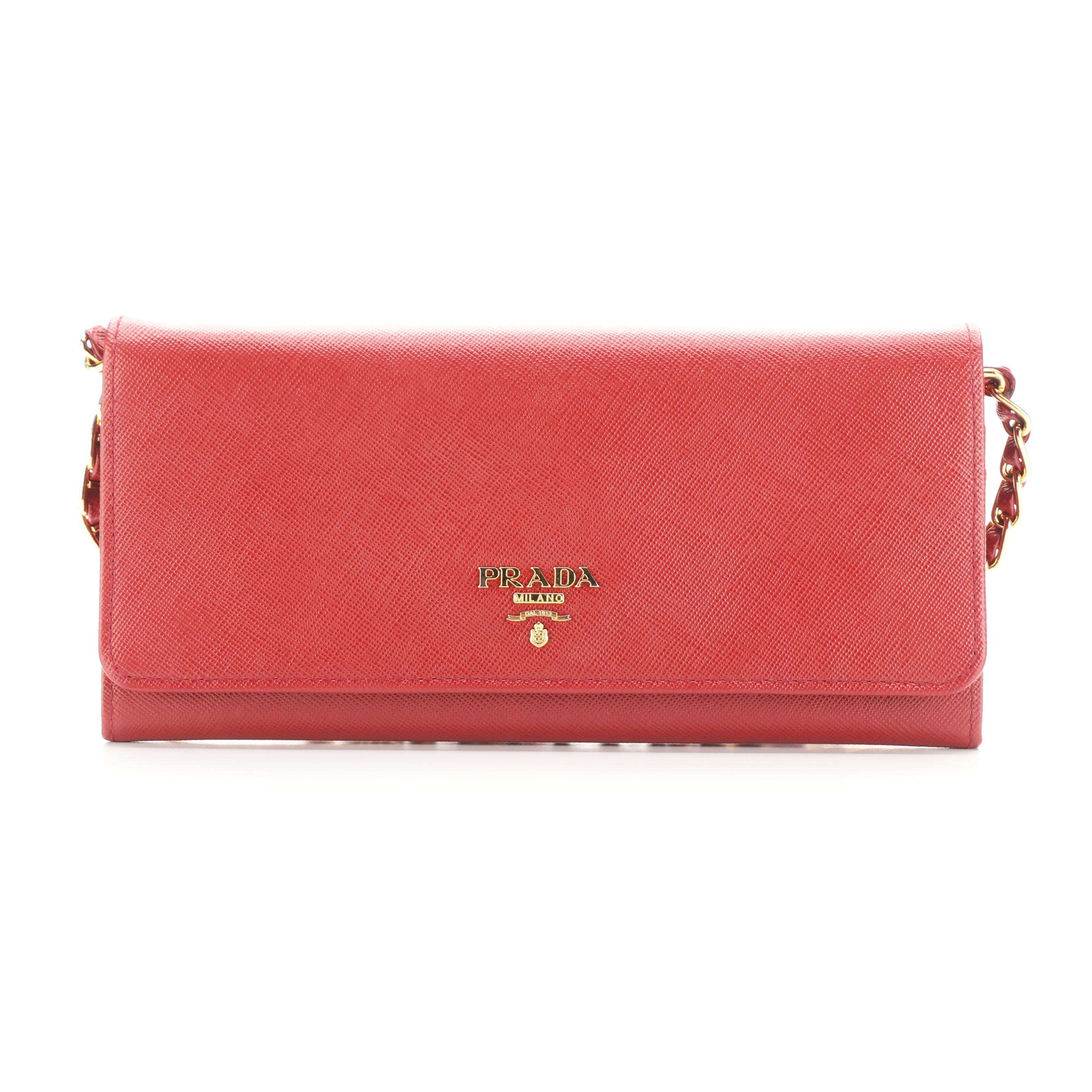 Prada Red Saffiano Leather Wallet on Chain