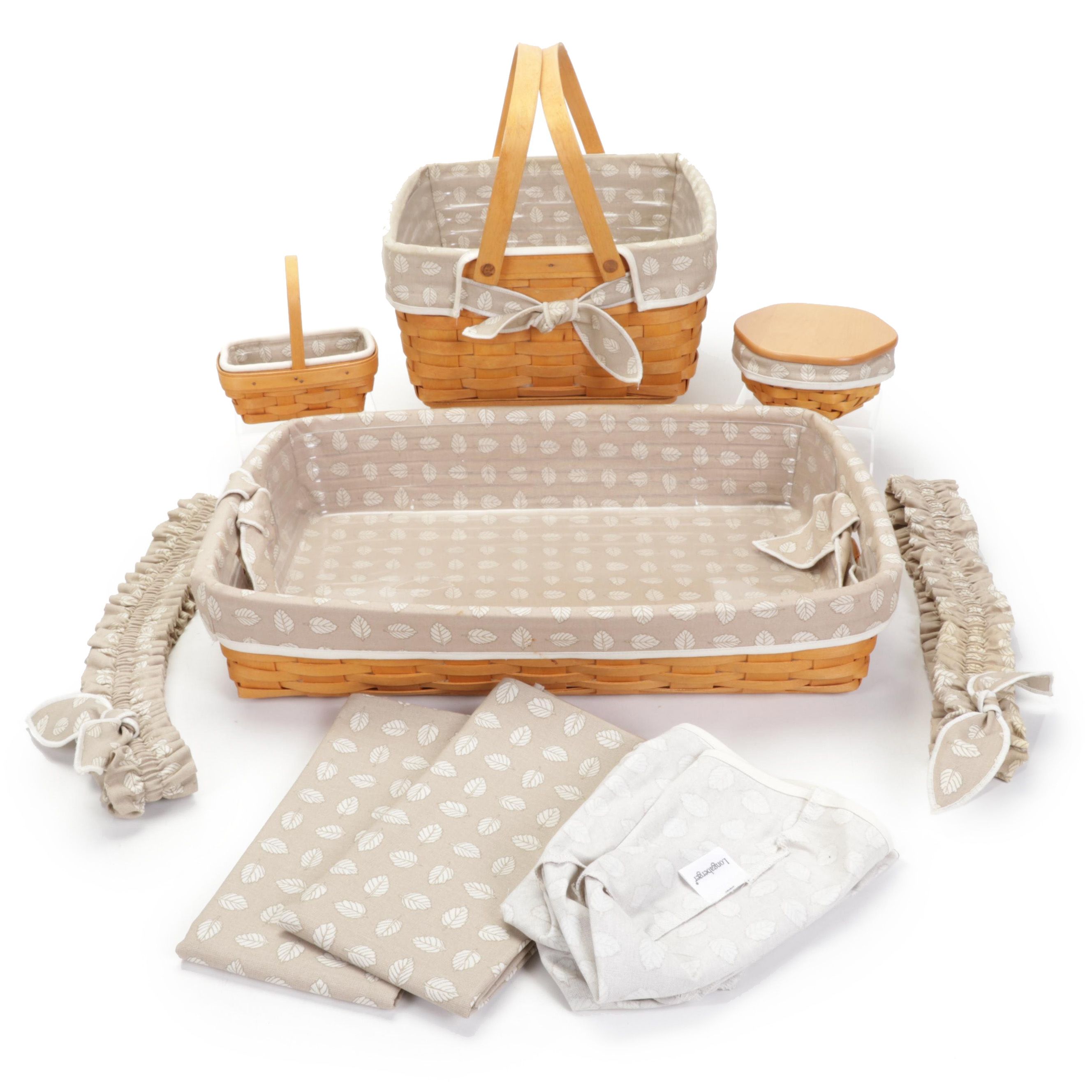 Longaberger Handwoven Basket Tray and Handled Basckets With "Stone Leaf" Liners