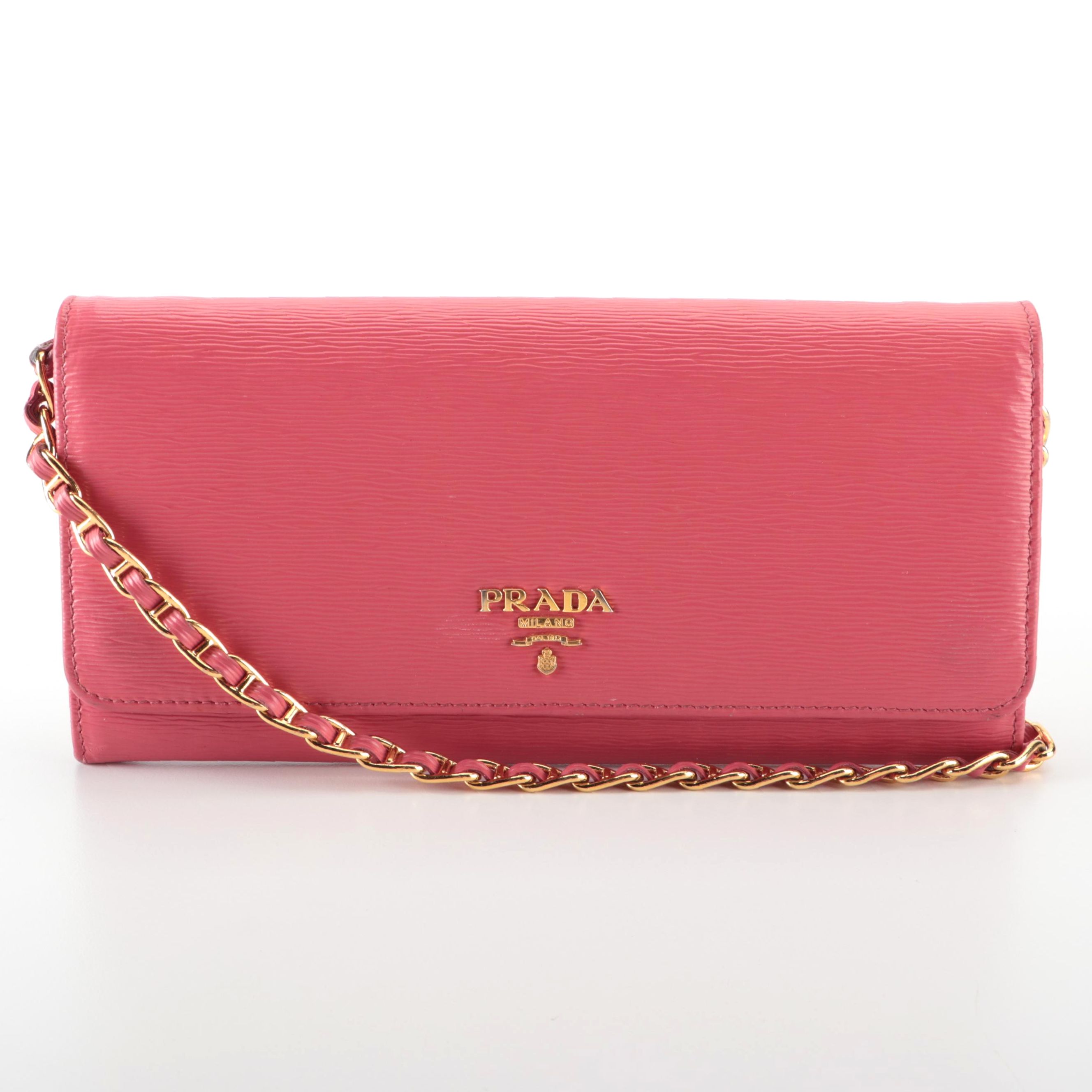 Prada Wallet on Oro Chain in Peony Pink Vitello Move Leather