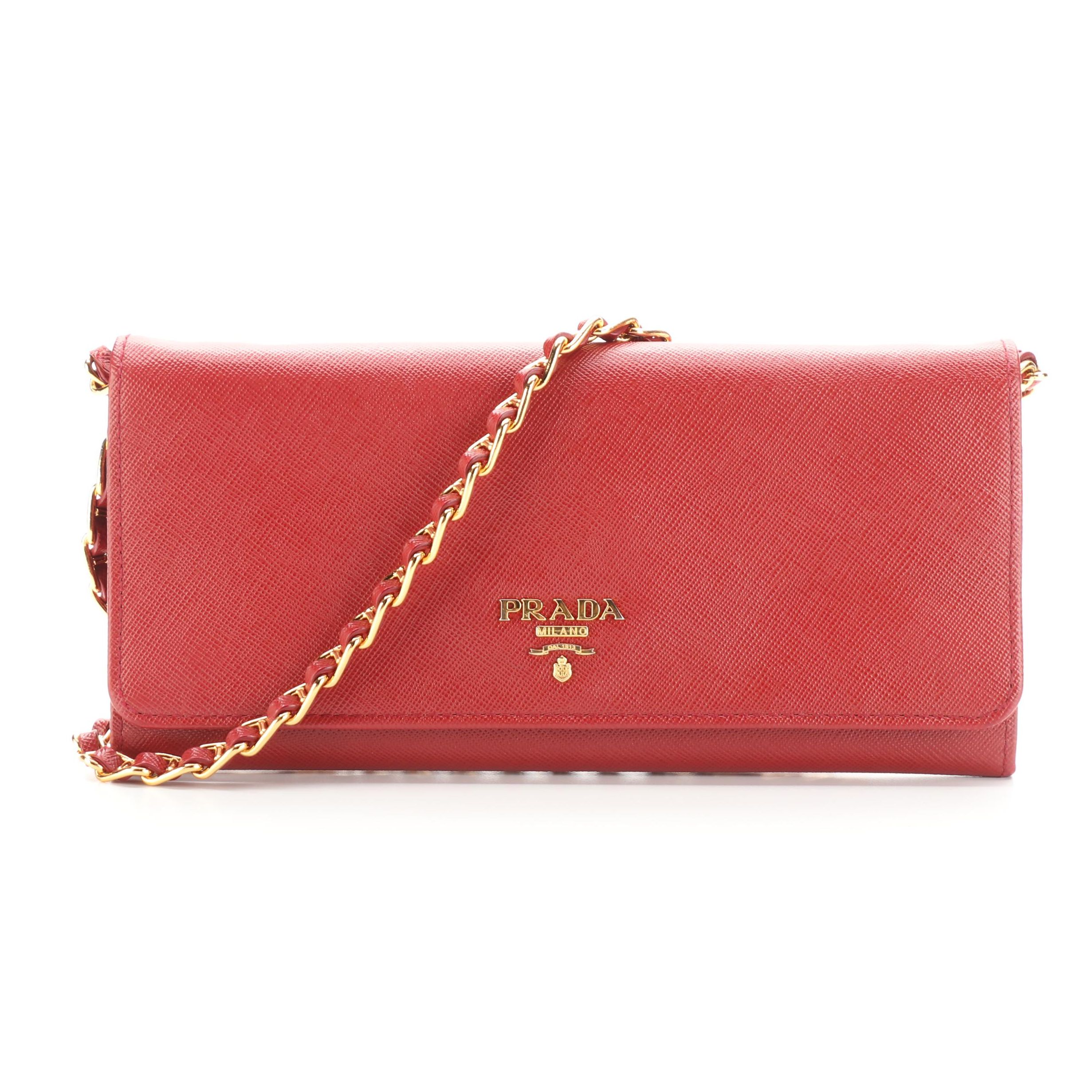 Prada Red Saffiano Leather Wallet on Chain
