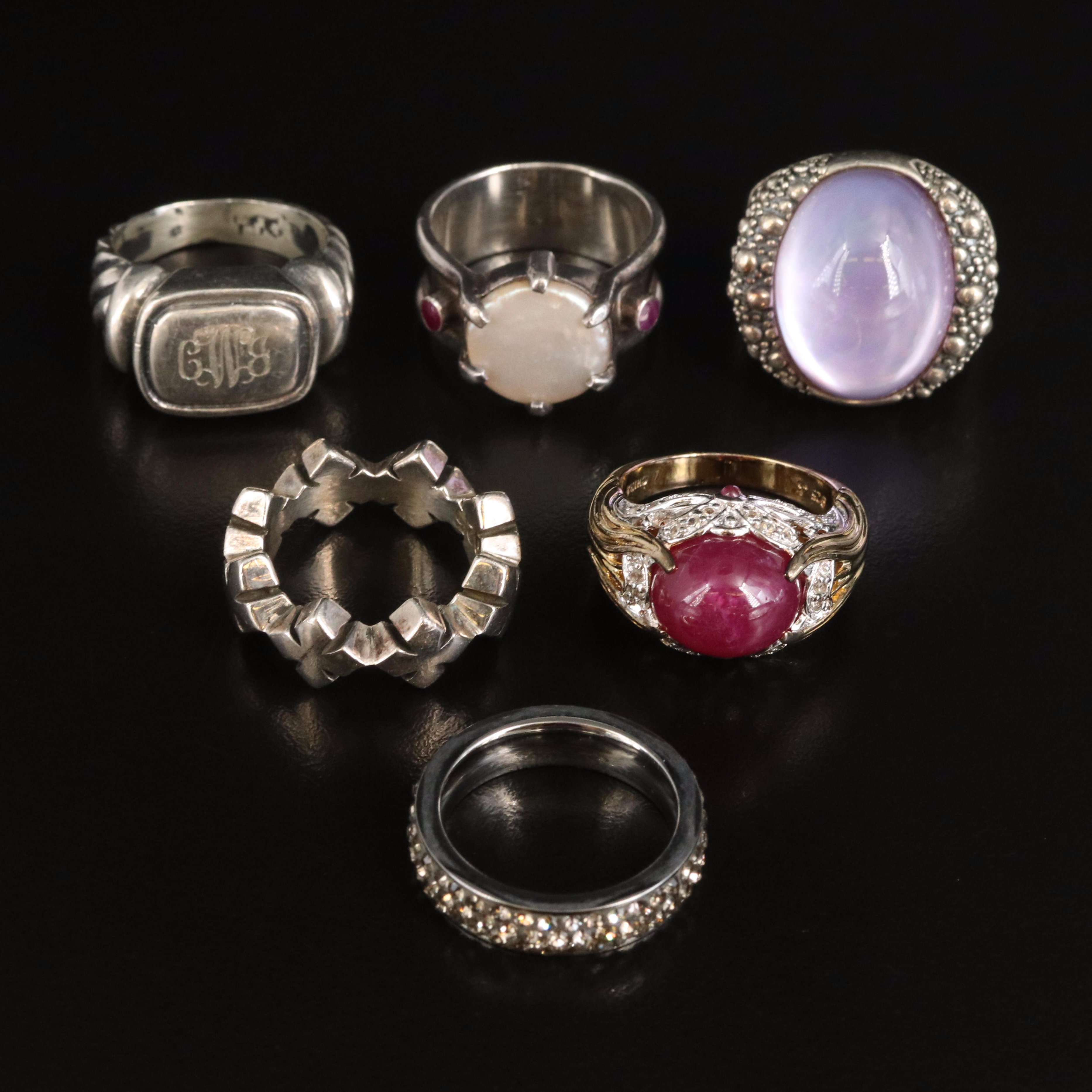 Sterling Ring Selection with Corundum, Mother-of-Pearl and Rhinestone
