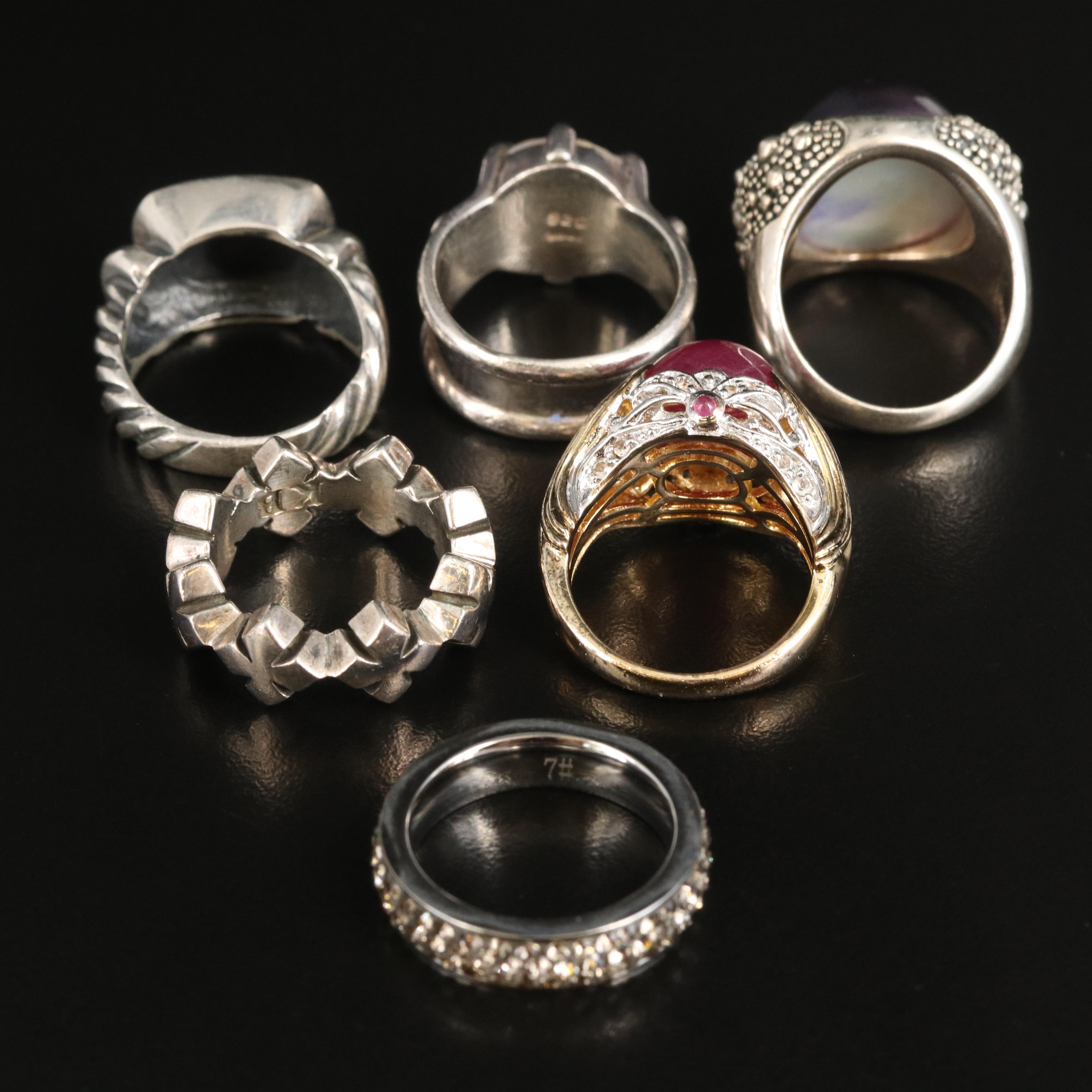 Sterling Ring Selection with Corundum, Mother-of-Pearl and Rhinestone