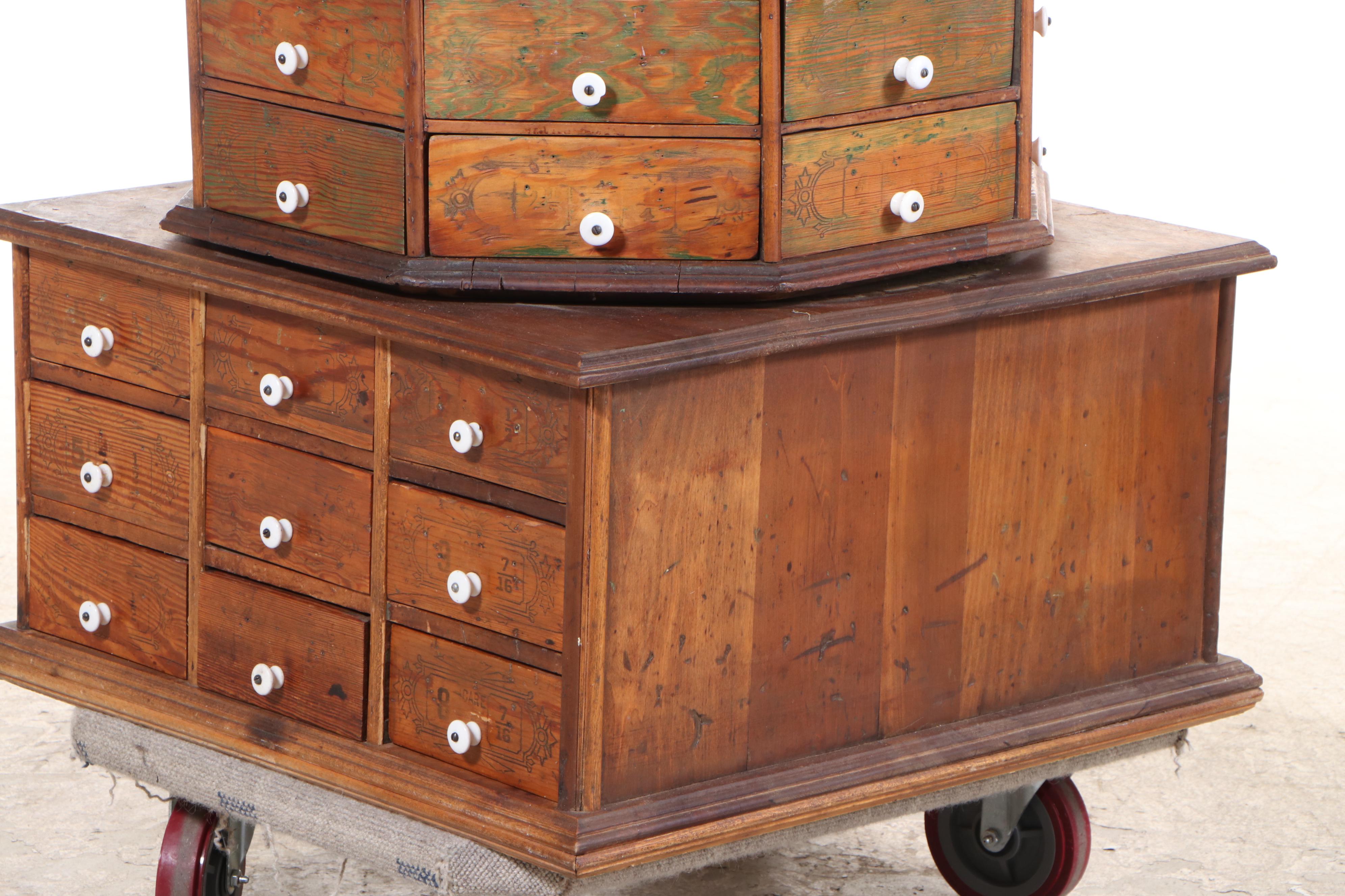 American Primitive Ninety Eight-Drawer Revolving Hardware Store Cabinet-on-Base
