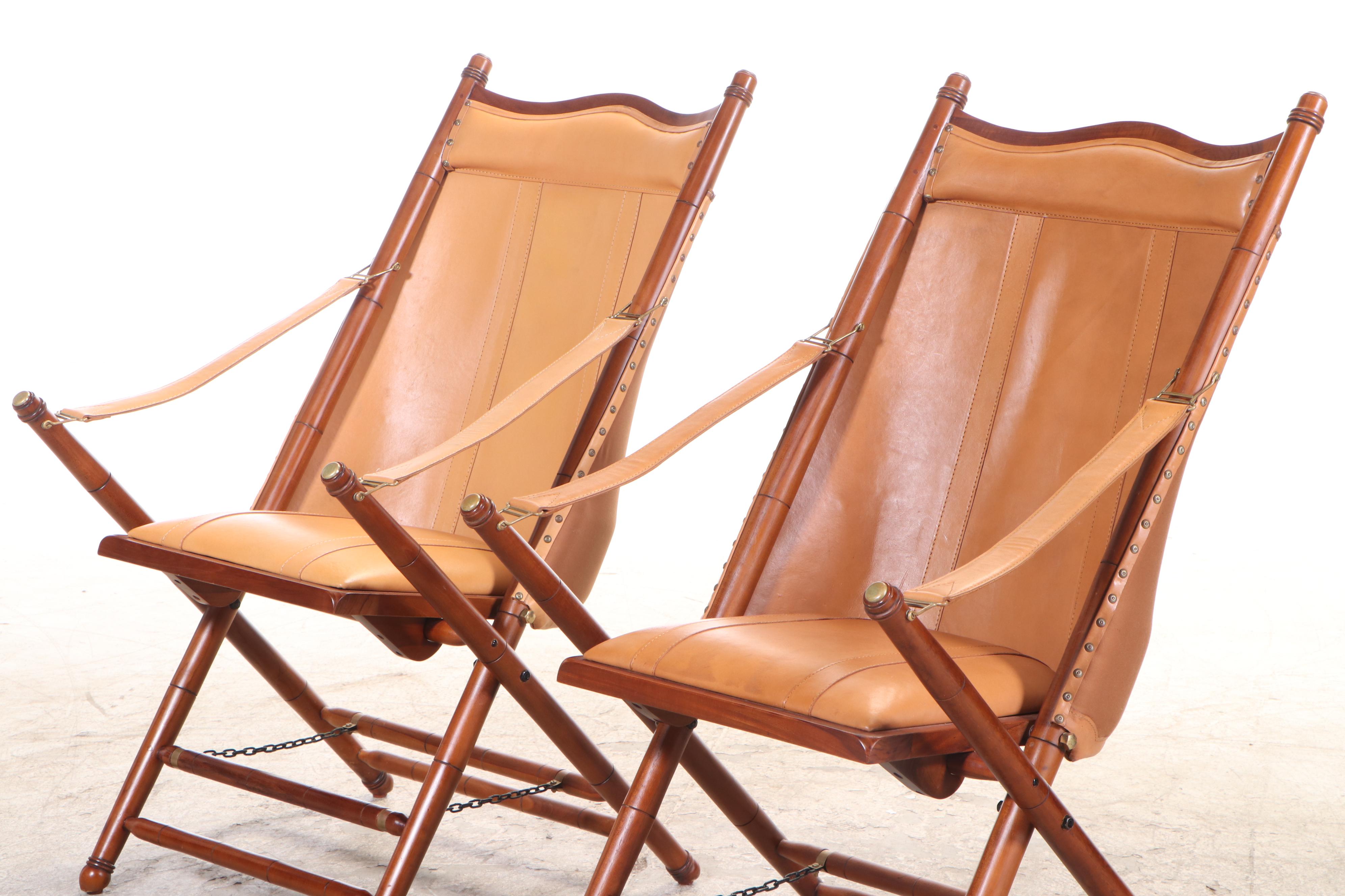 Pair of Frontgate Campaign Style Hardwood and Leather Lounge Chairs and Ottomans