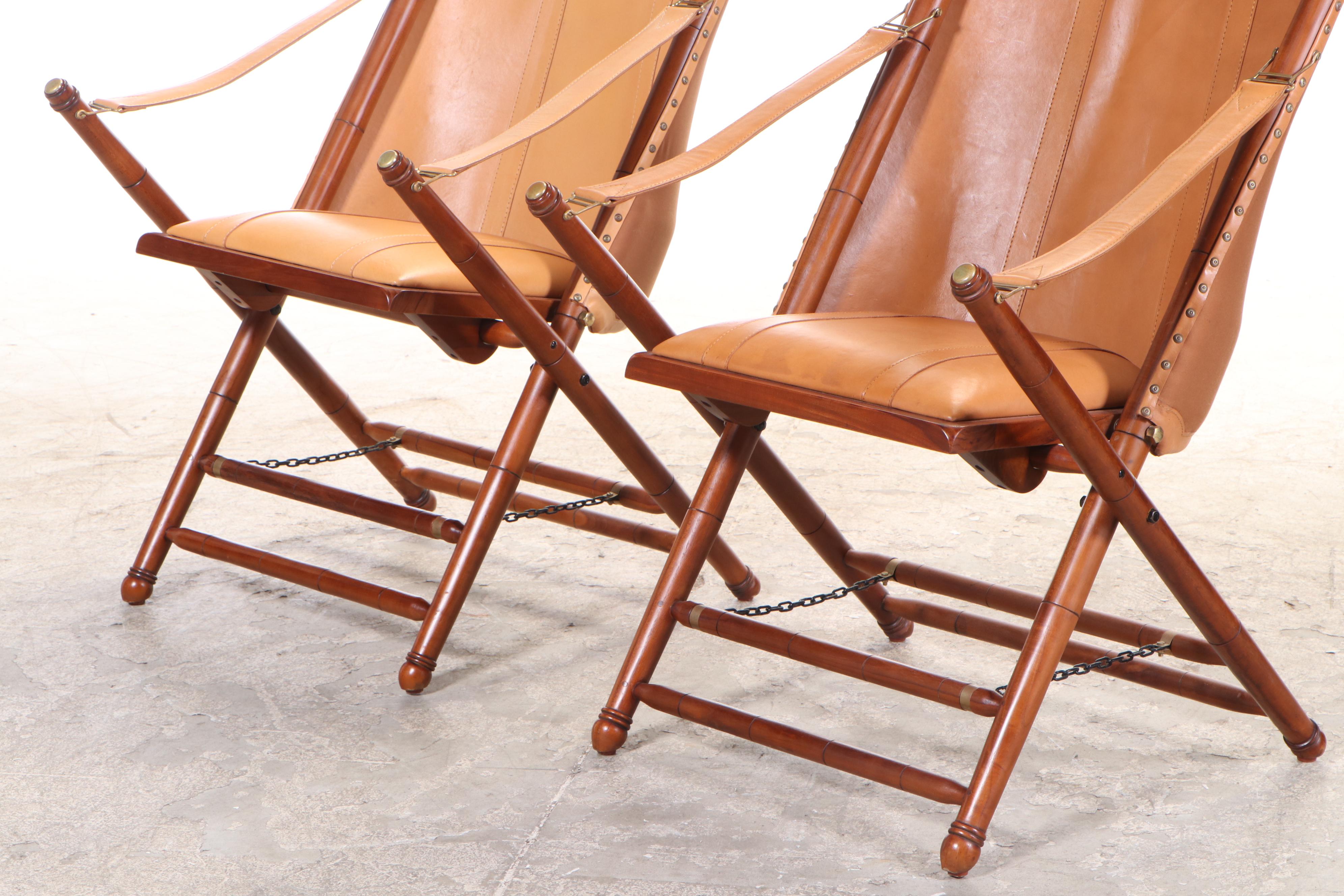 Pair of Frontgate Campaign Style Hardwood and Leather Lounge Chairs and Ottomans