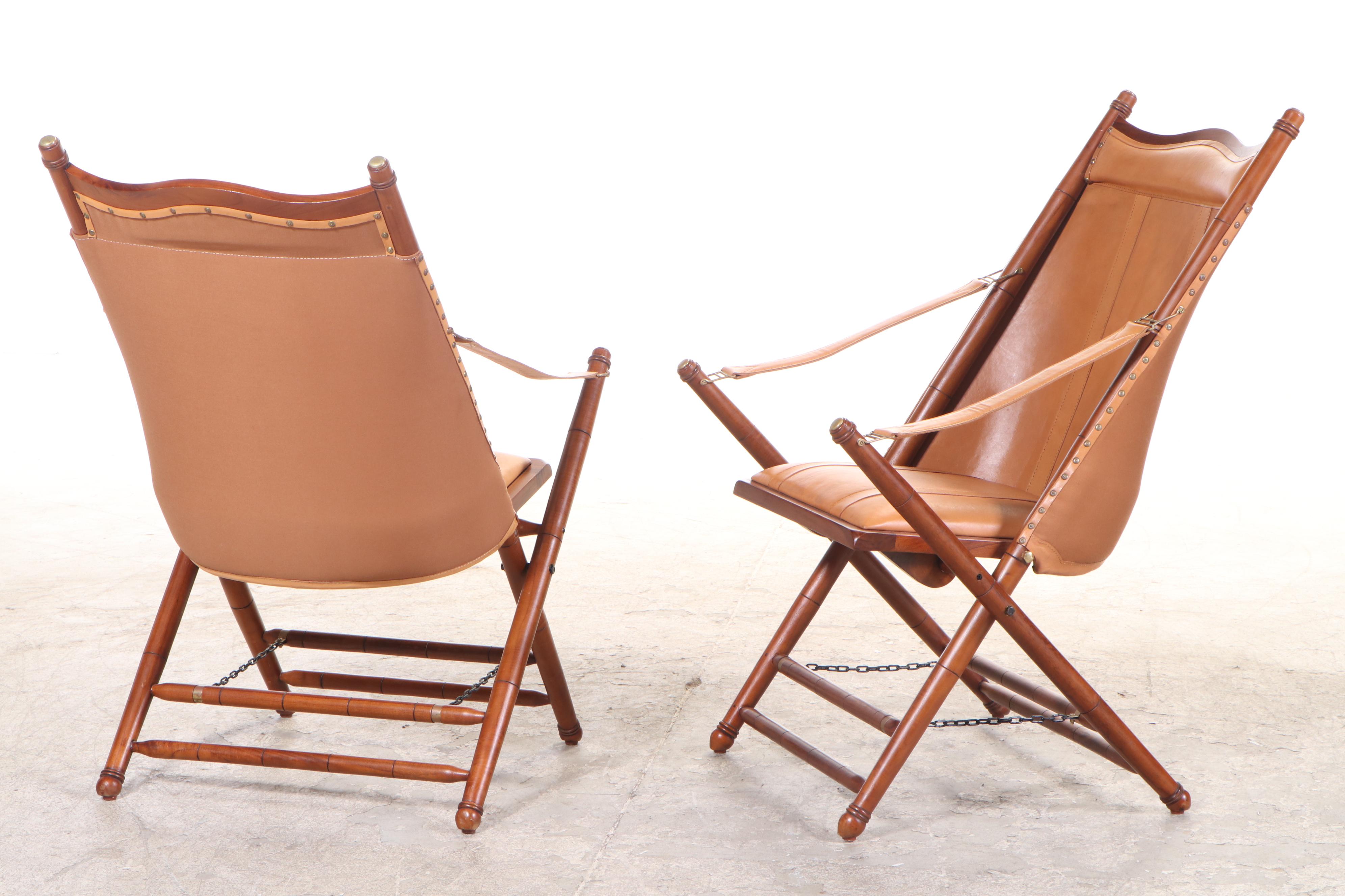 Pair of Frontgate Campaign Style Hardwood and Leather Lounge Chairs and Ottomans