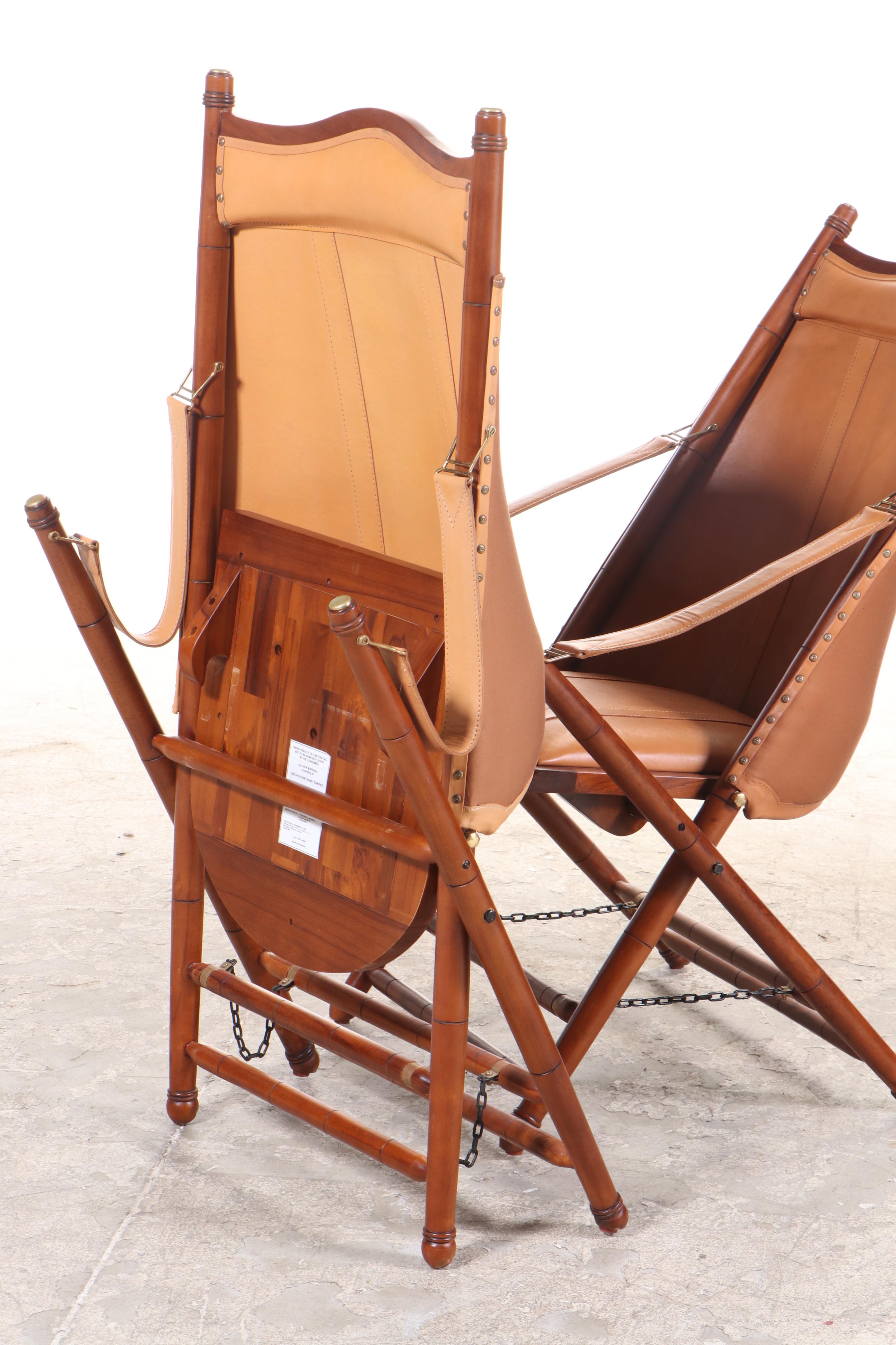 Pair of Frontgate Campaign Style Hardwood and Leather Lounge Chairs and Ottomans