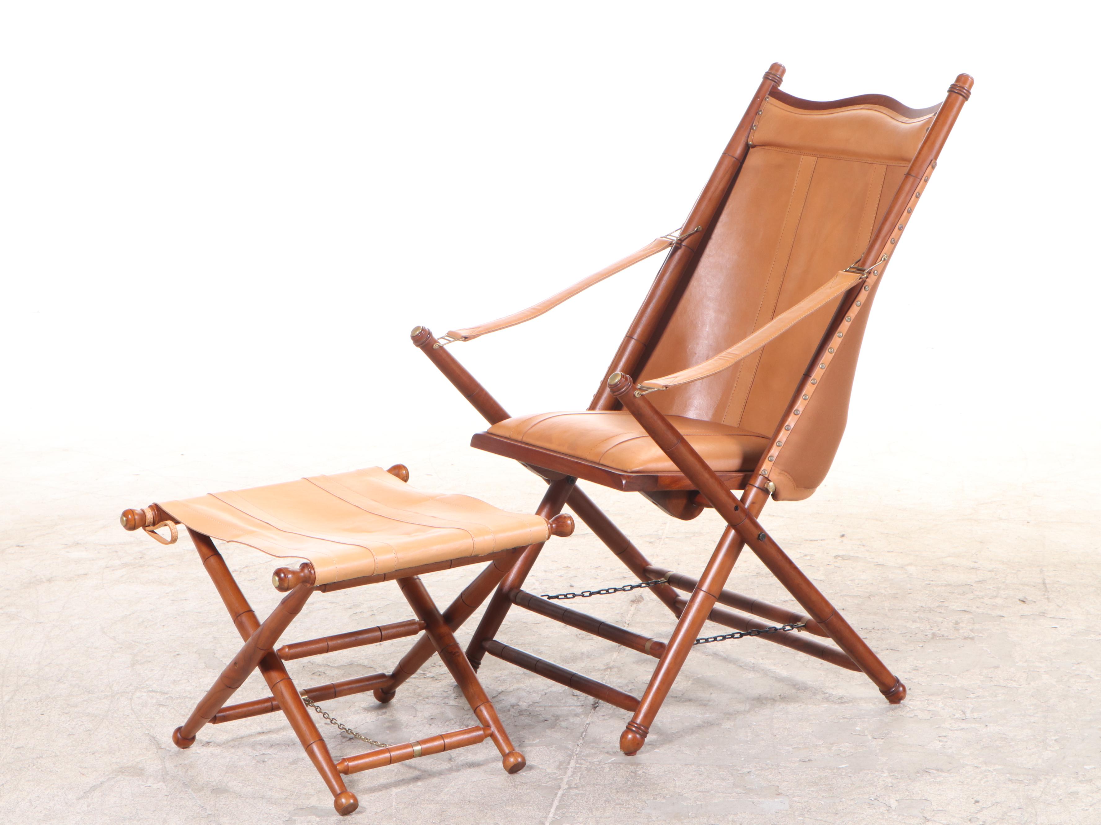 Pair of Frontgate Campaign Style Hardwood and Leather Lounge Chairs and Ottomans