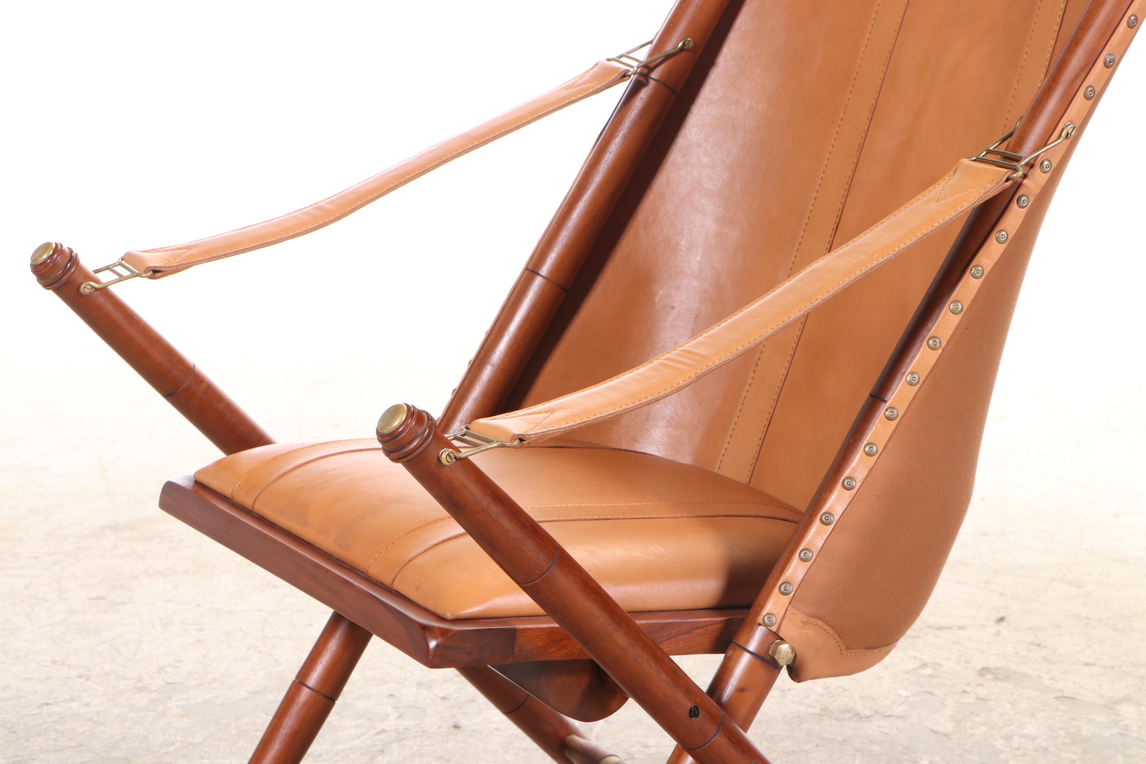 Pair of Frontgate Campaign Style Hardwood and Leather Lounge Chairs and Ottomans