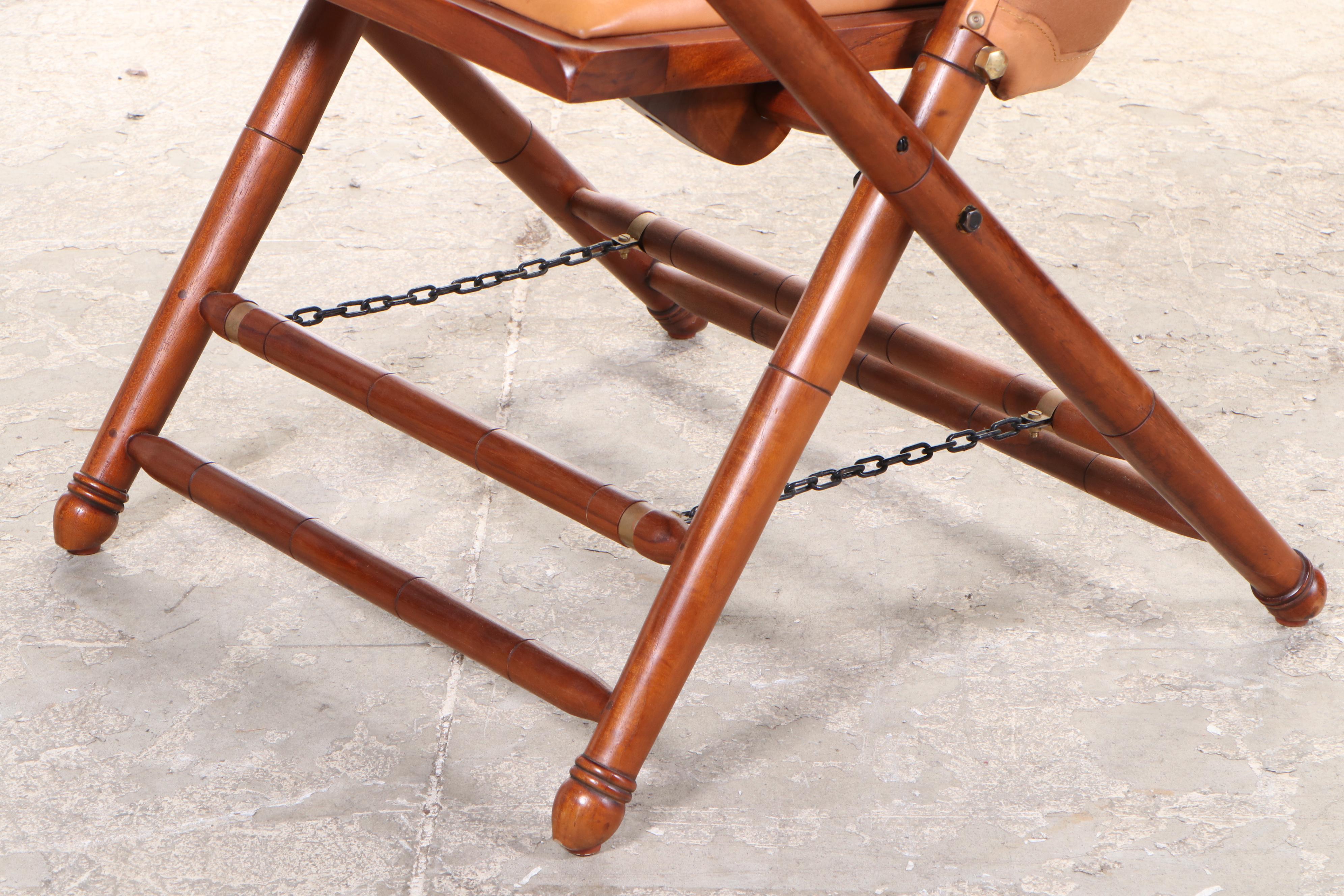 Pair of Frontgate Campaign Style Hardwood and Leather Lounge Chairs and Ottomans