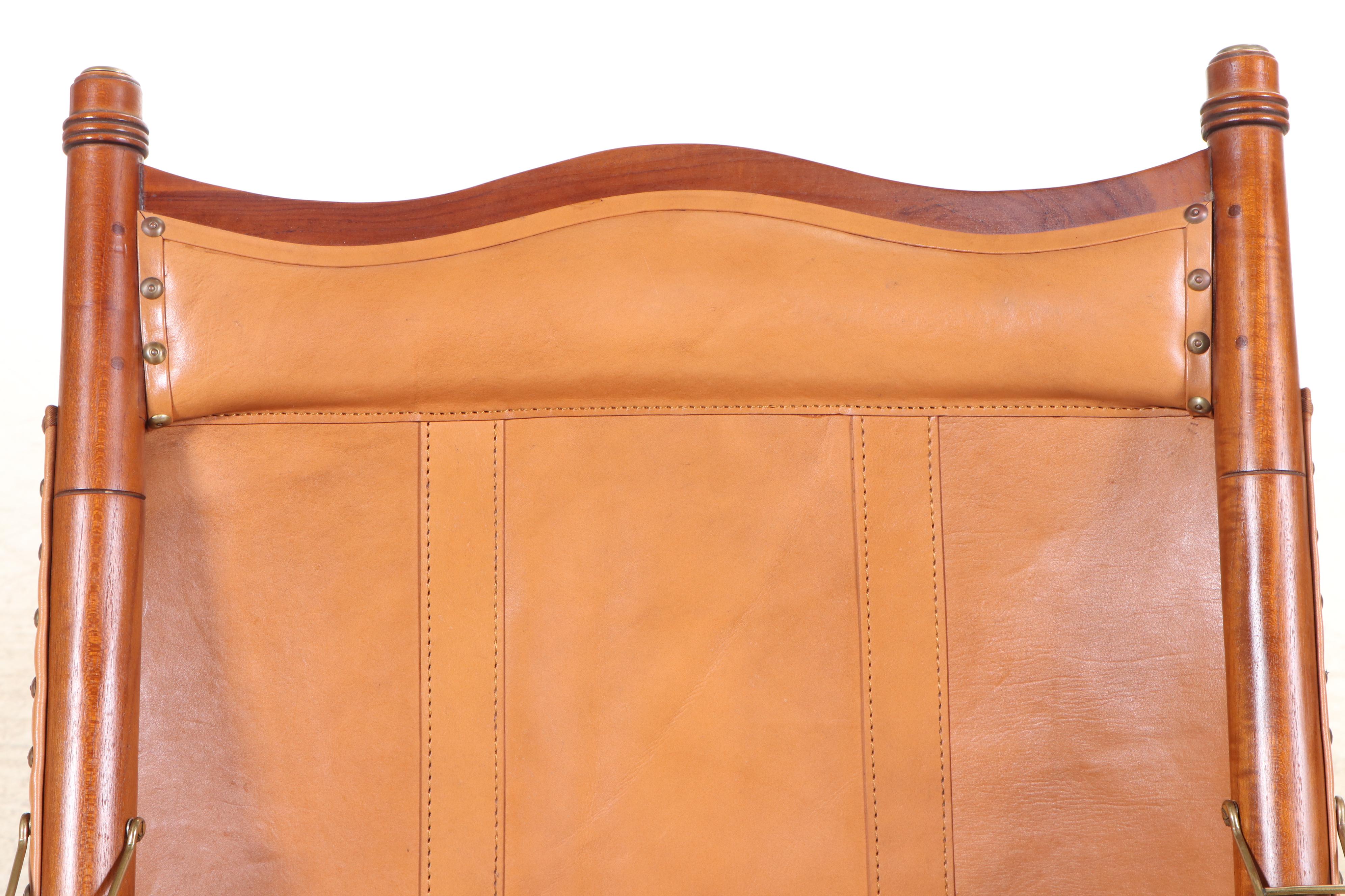 Pair of Frontgate Campaign Style Hardwood and Leather Lounge Chairs and Ottomans