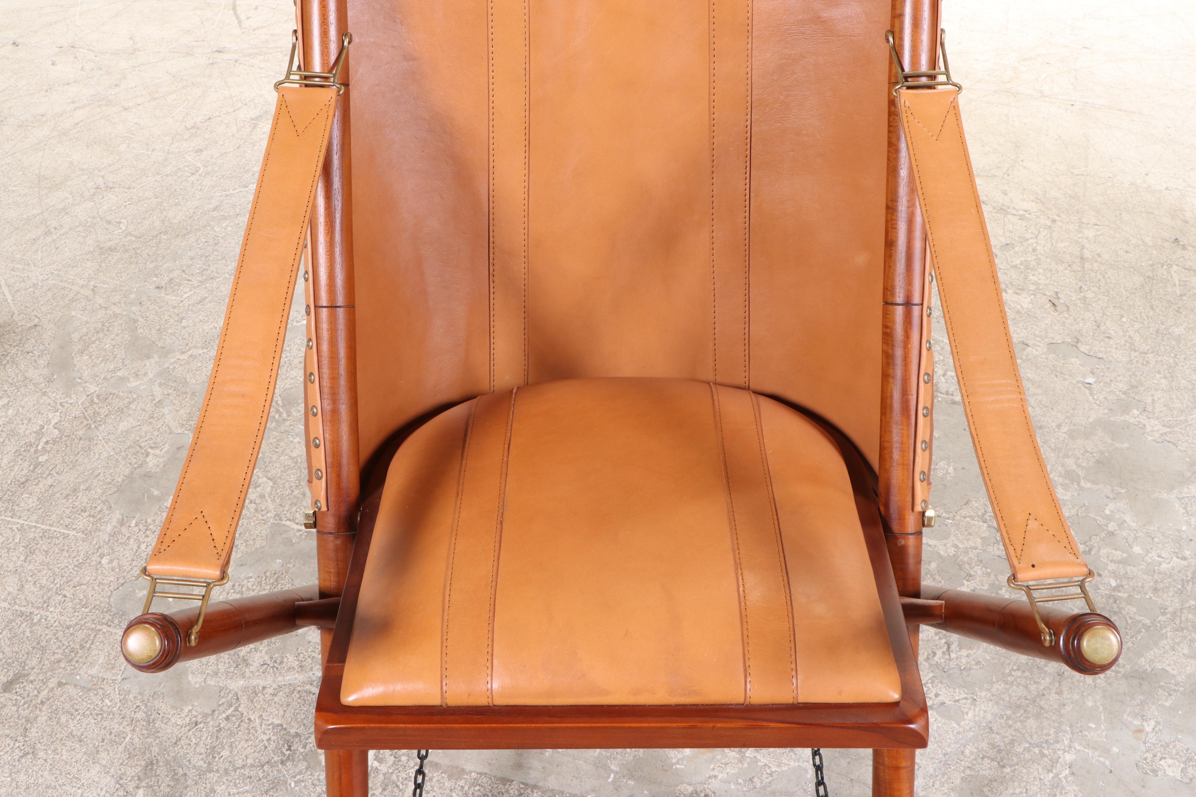 Pair of Frontgate Campaign Style Hardwood and Leather Lounge Chairs and Ottomans