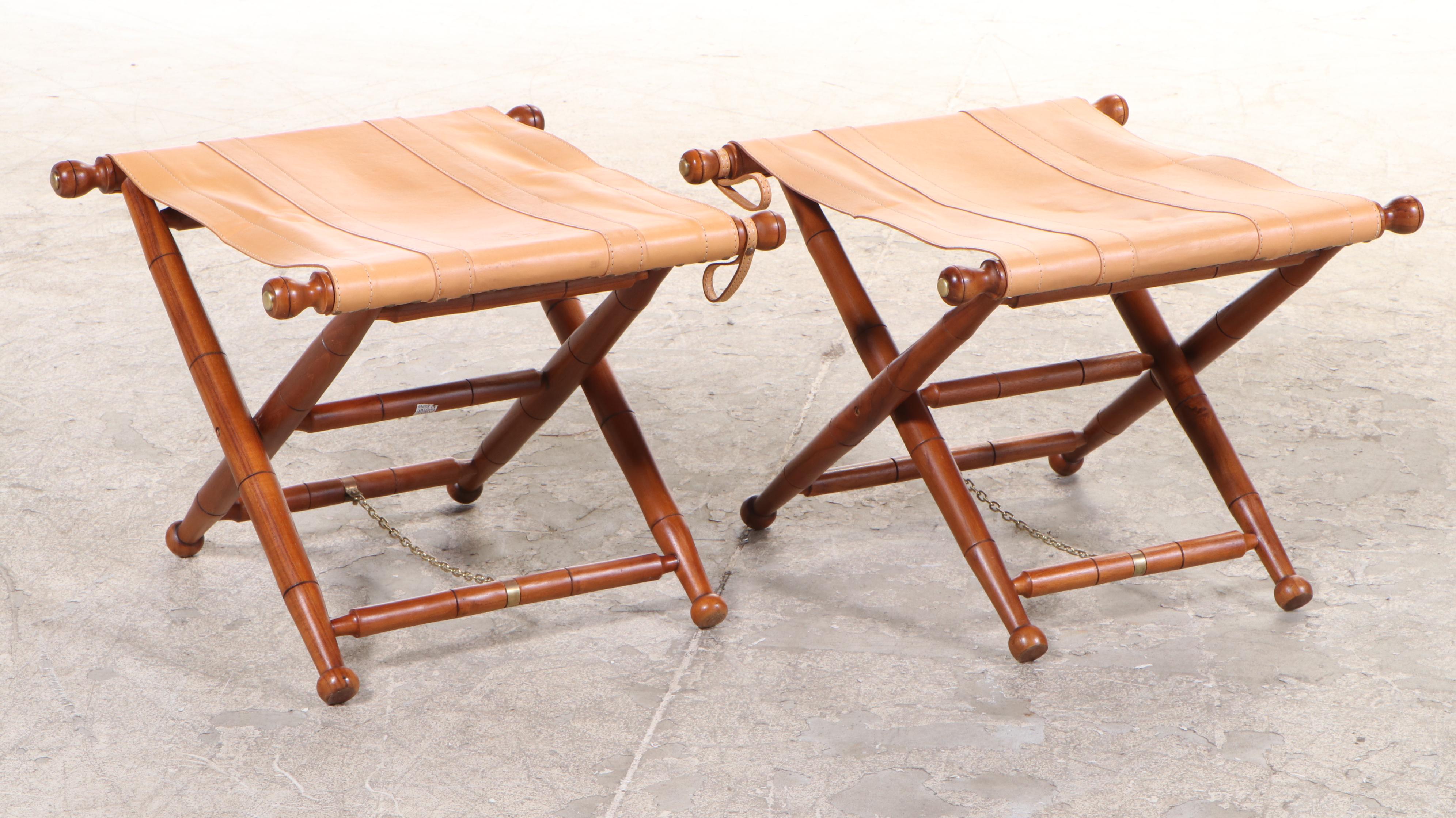 Pair of Frontgate Campaign Style Hardwood and Leather Lounge Chairs and Ottomans