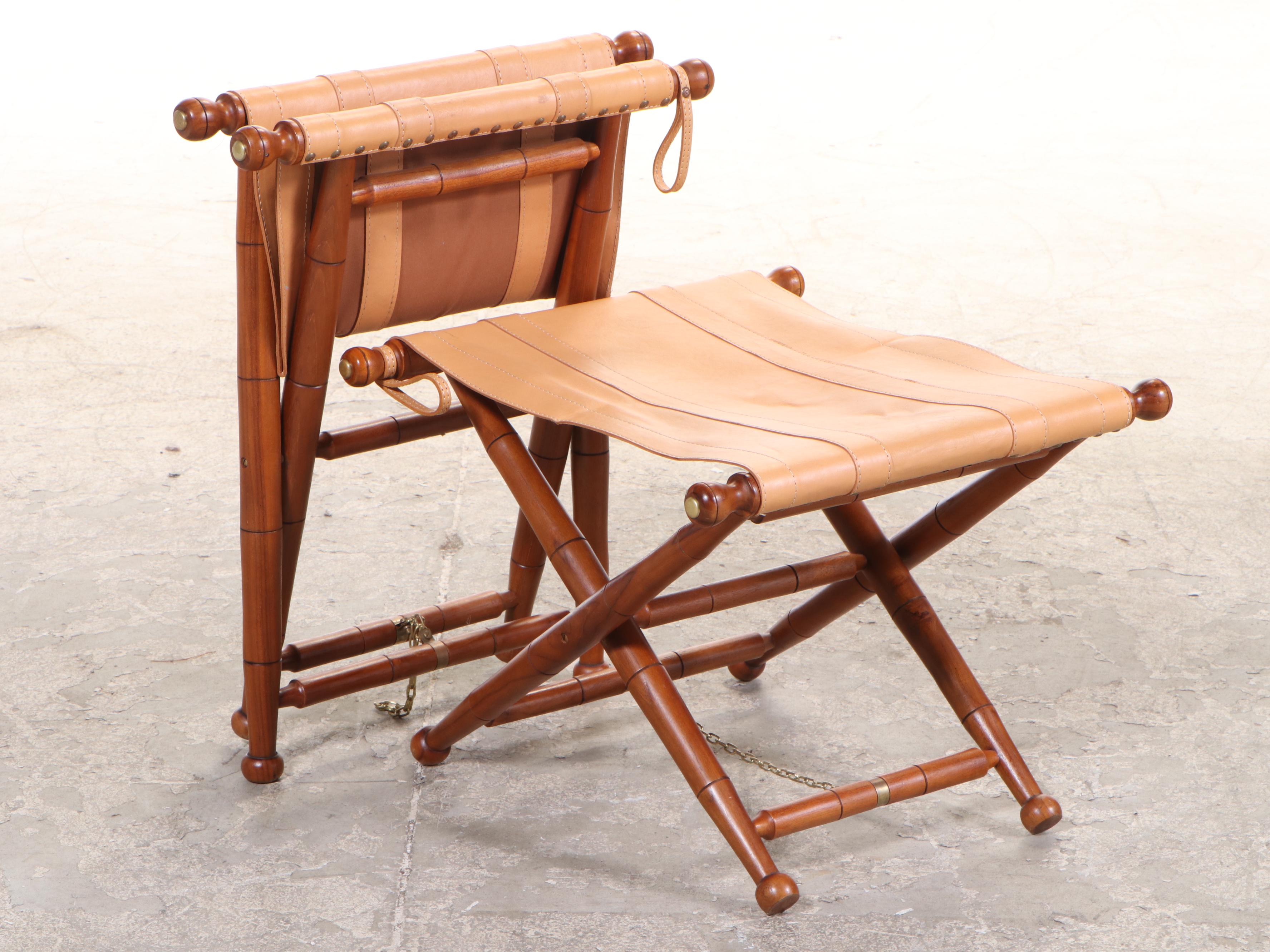 Pair of Frontgate Campaign Style Hardwood and Leather Lounge Chairs and Ottomans