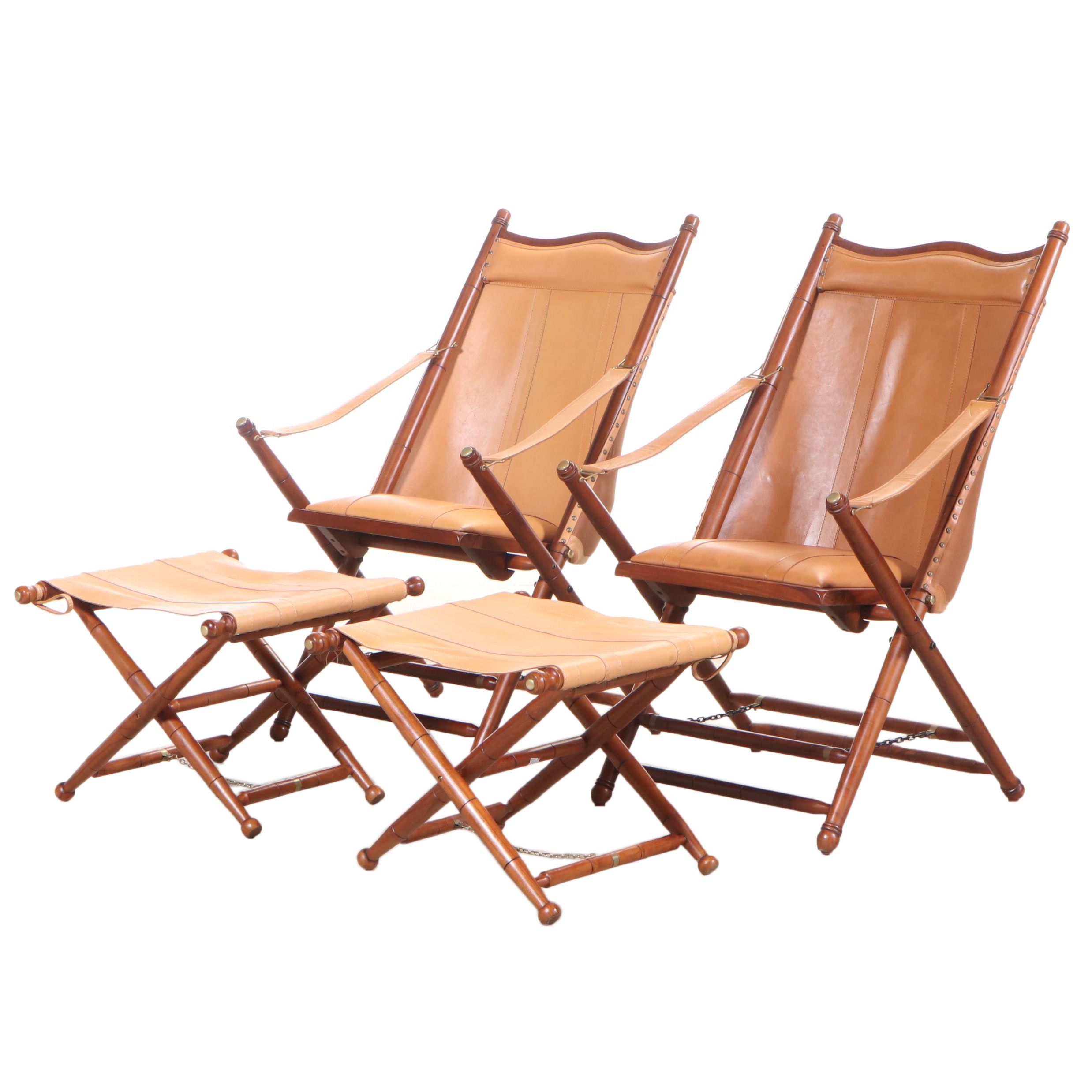 Pair of Frontgate Campaign Style Hardwood and Leather Lounge Chairs and Ottomans