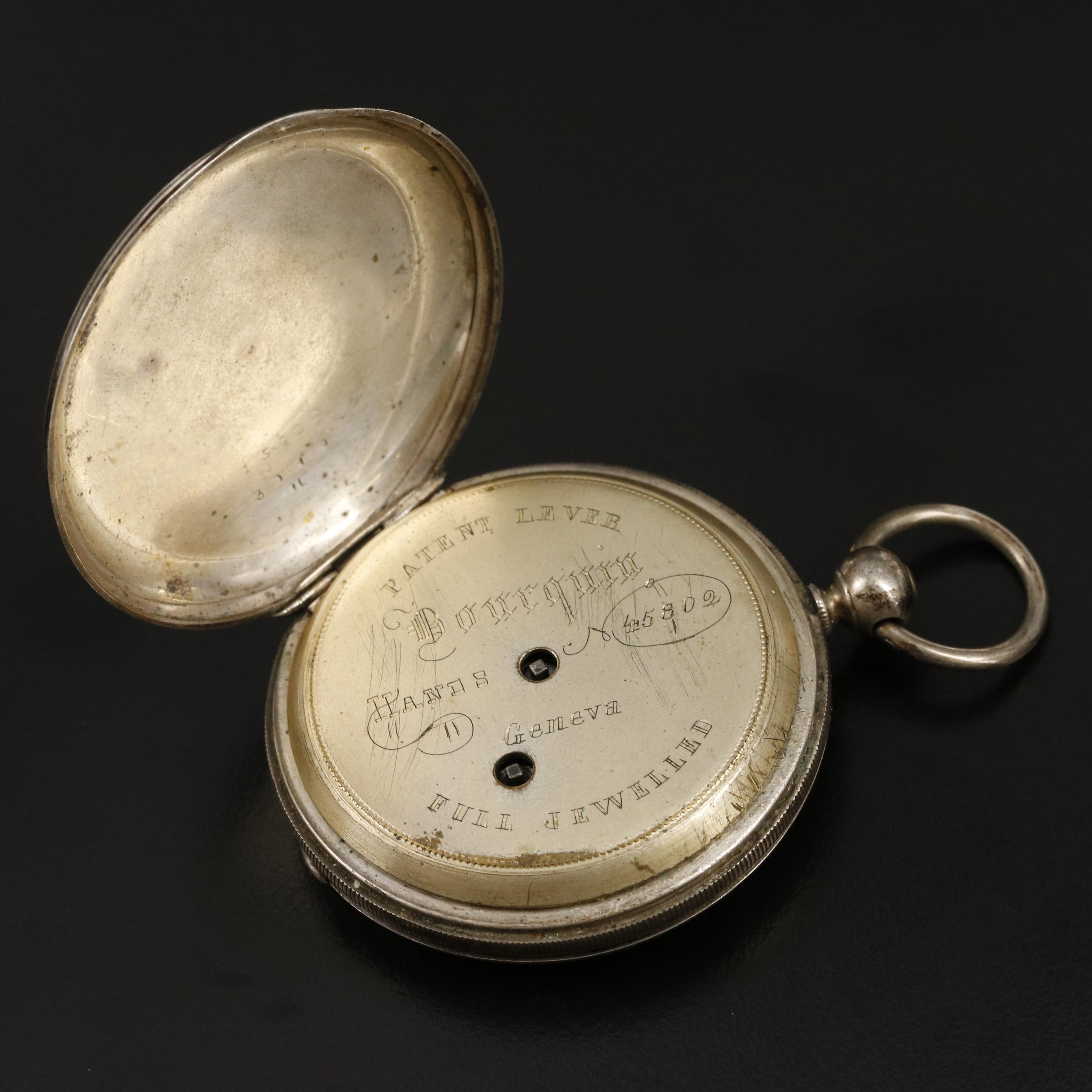 Antique 0.800 Silver Bourquin Hunting Case Pocket Watch