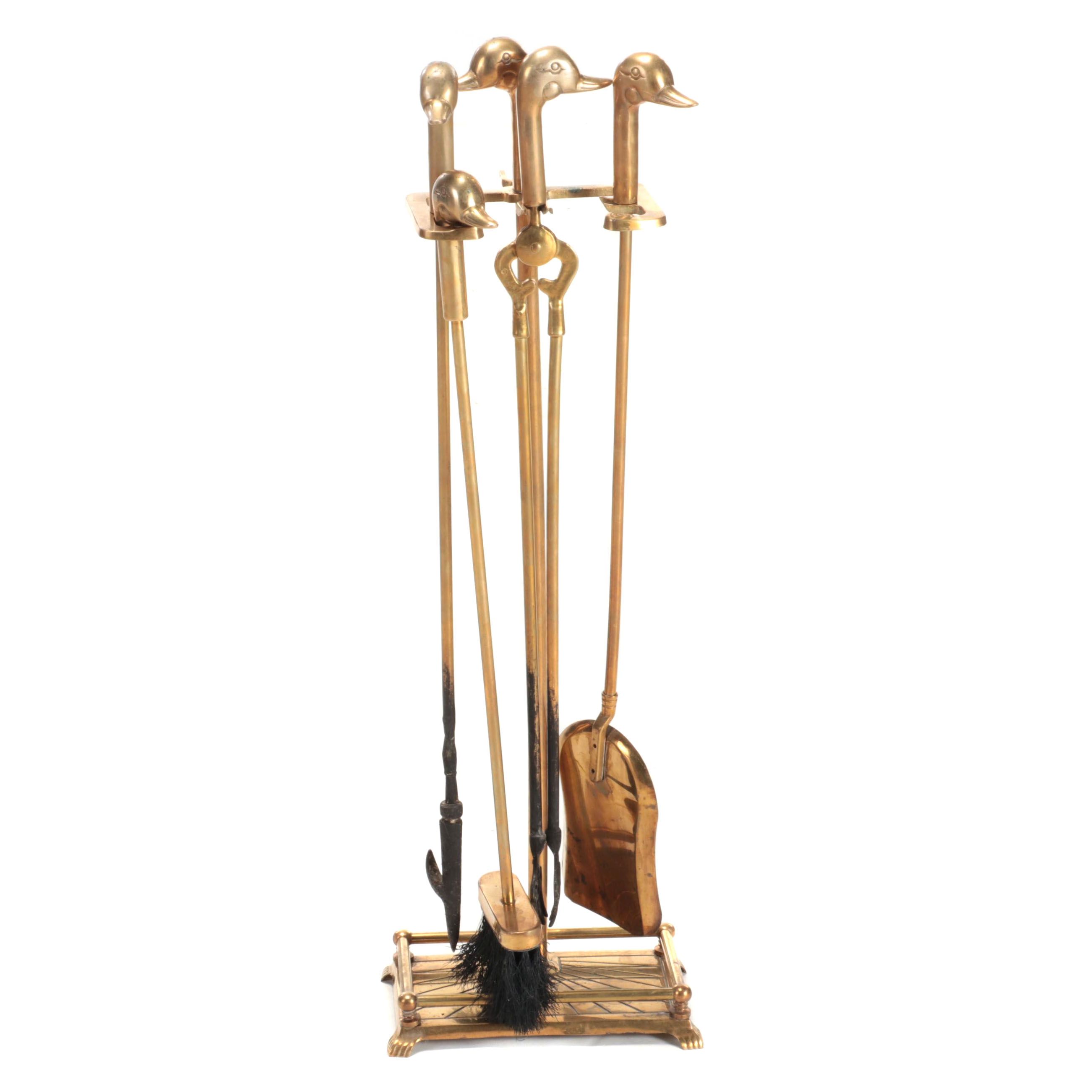Cast Brass Duck Head Fireplace Tool Set, Mid-20th Century