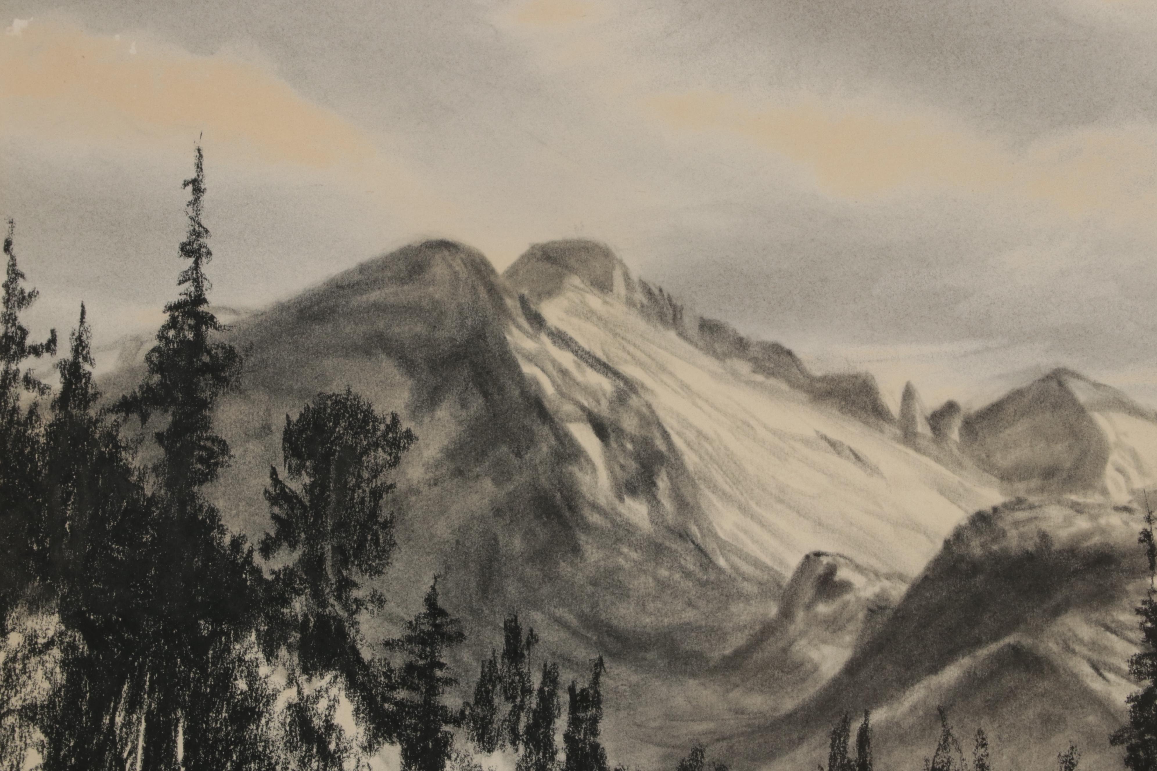 Lyman Byxbe Charcoal Drawing of Mountain Valley Lake