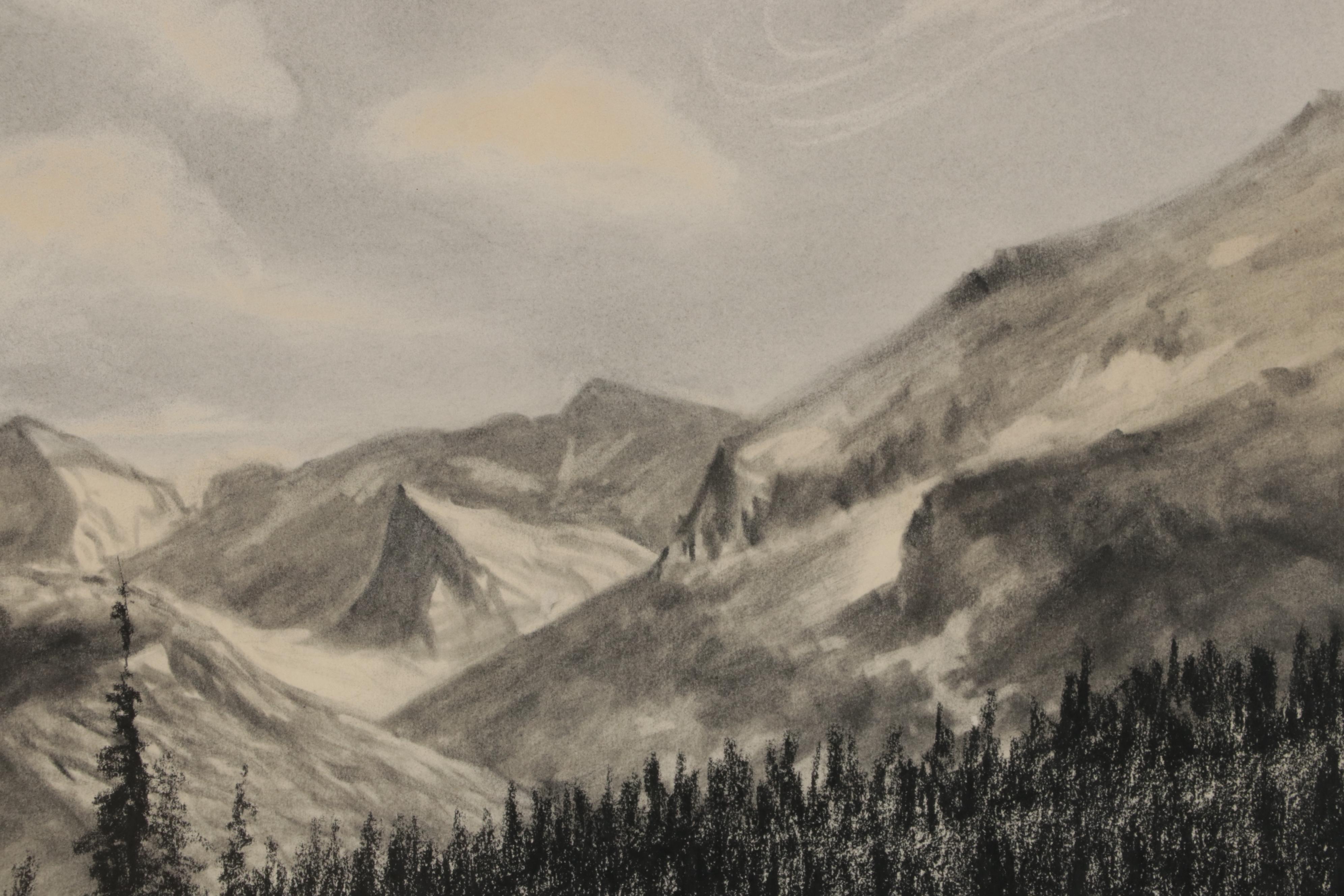 Lyman Byxbe Charcoal Drawing of Mountain Valley Lake