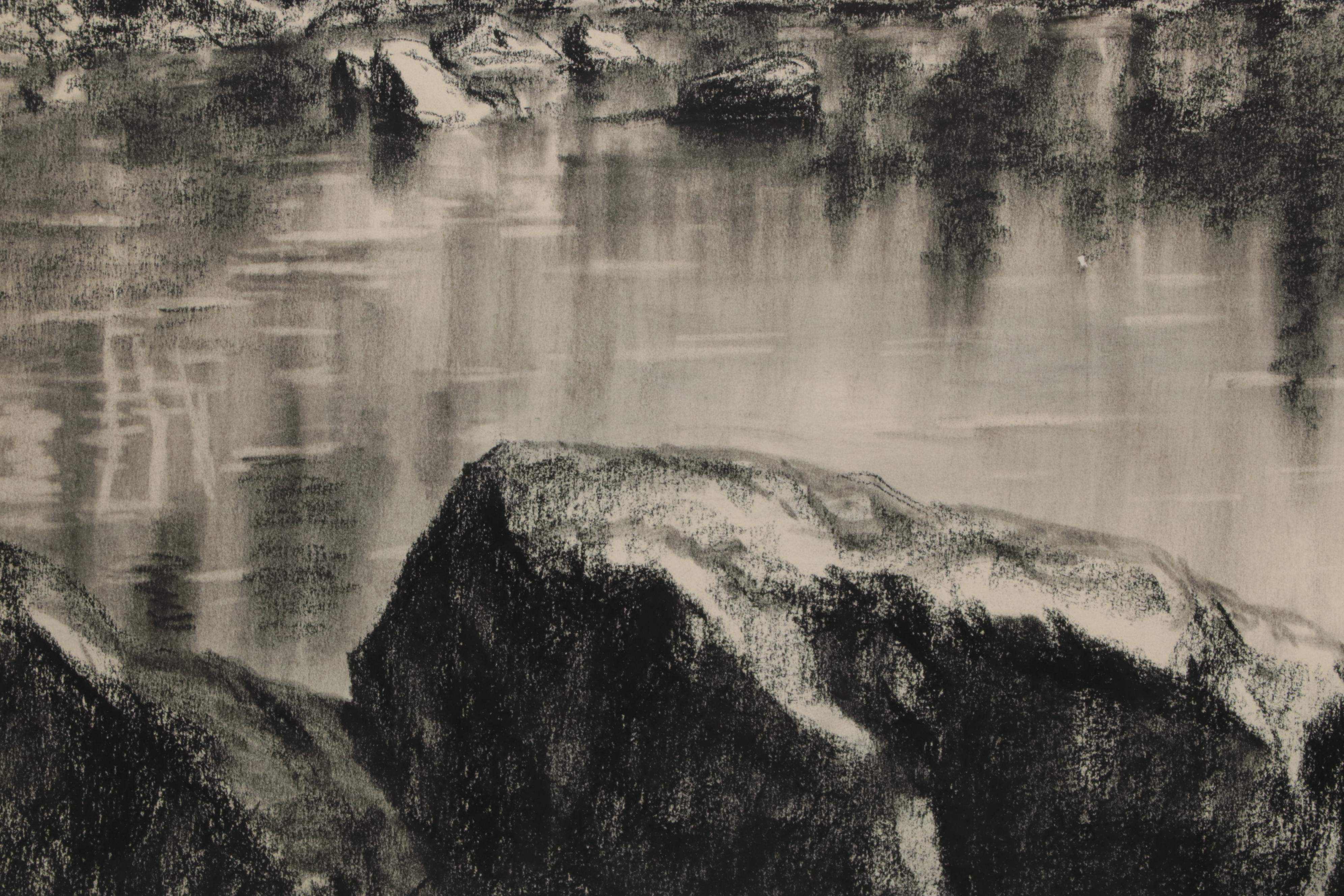 Lyman Byxbe Charcoal Drawing of Mountain Valley Lake