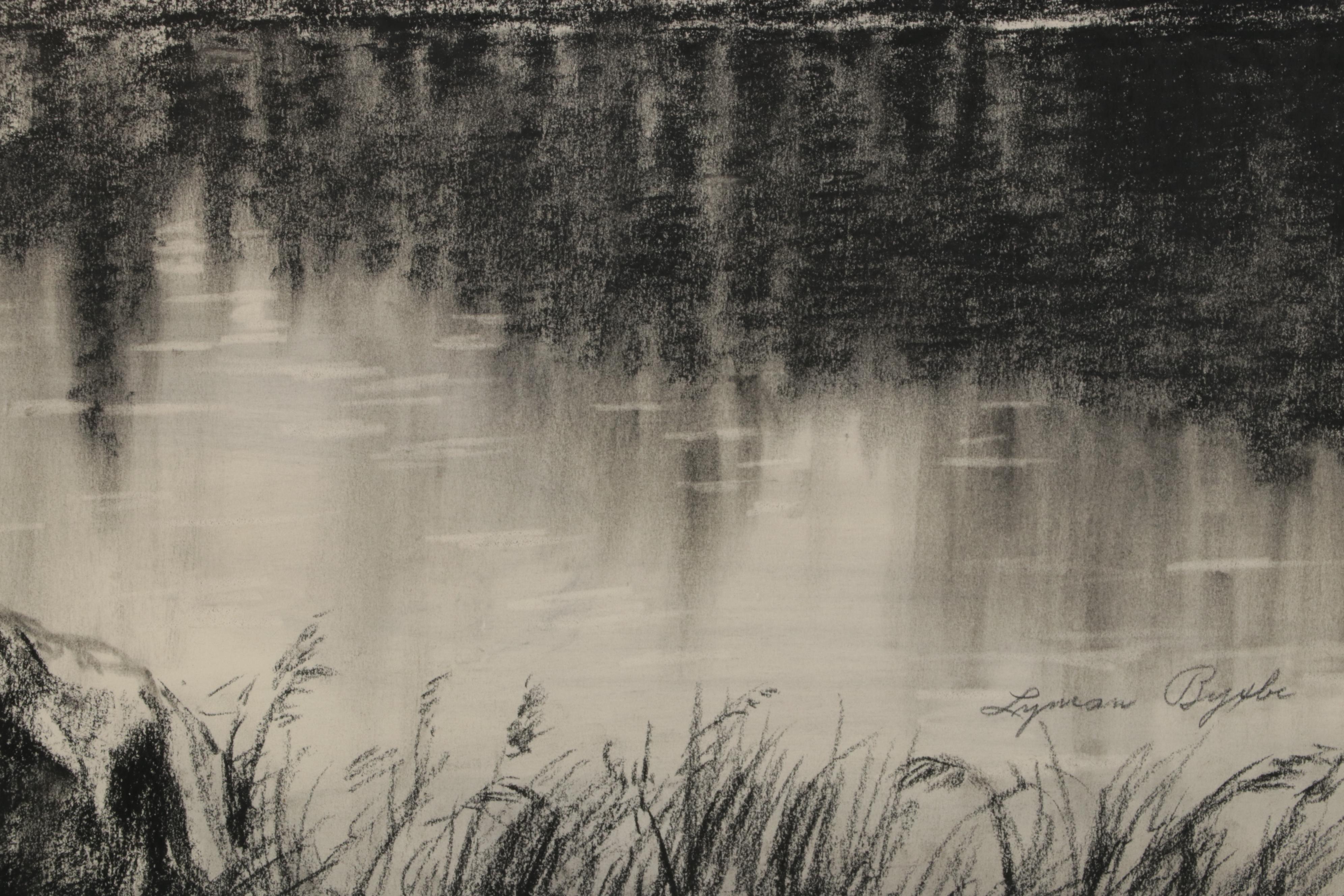 Lyman Byxbe Charcoal Drawing of Mountain Valley Lake