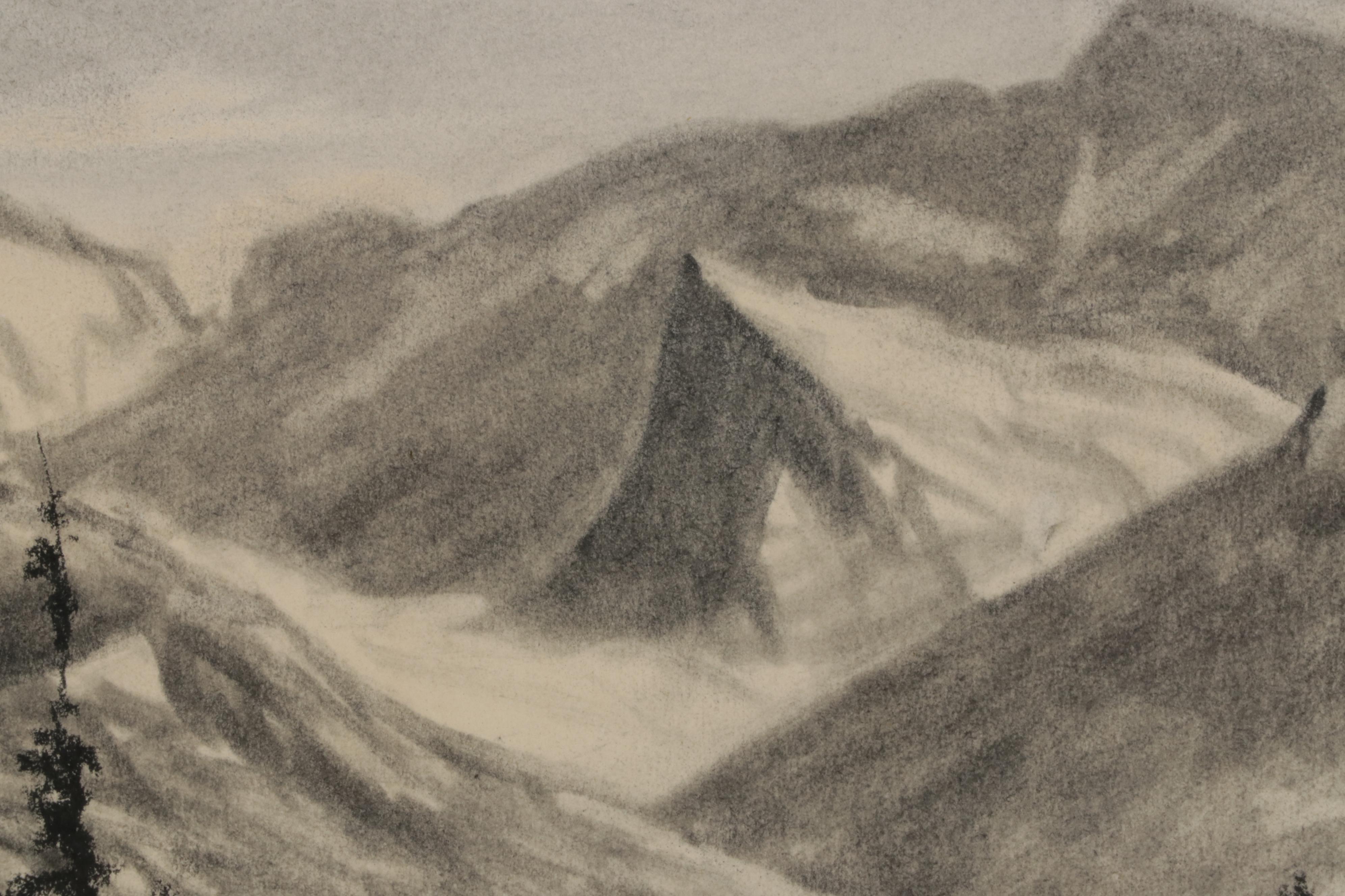 Lyman Byxbe Charcoal Drawing of Mountain Valley Lake