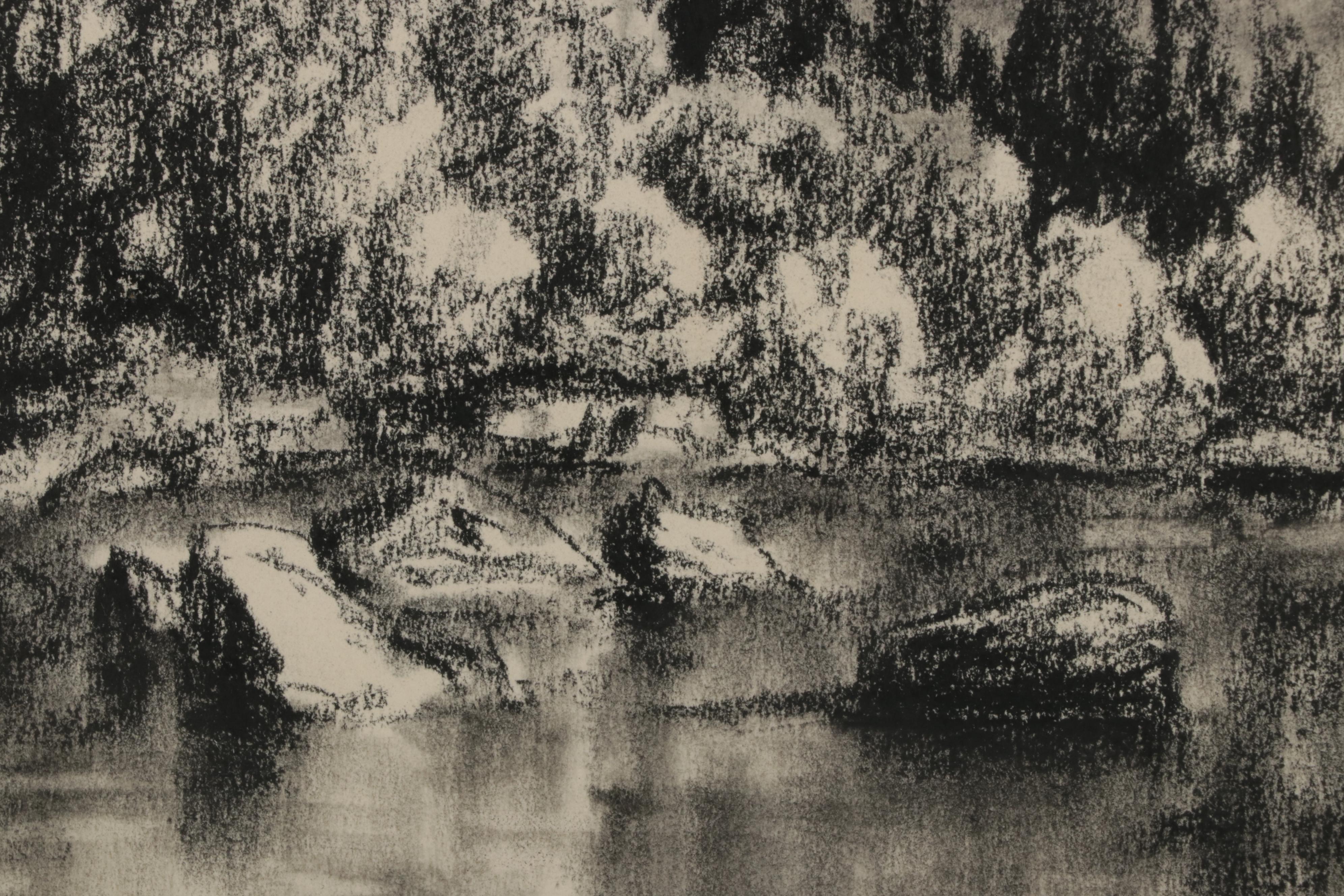 Lyman Byxbe Charcoal Drawing of Mountain Valley Lake