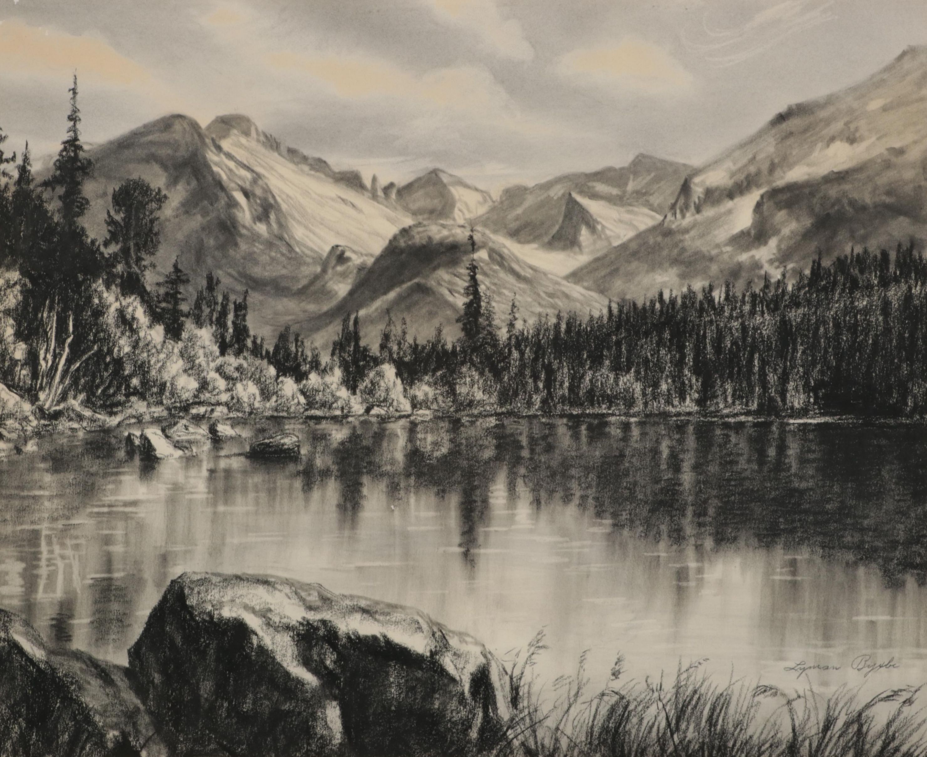 Lyman Byxbe Charcoal Drawing of Mountain Valley Lake