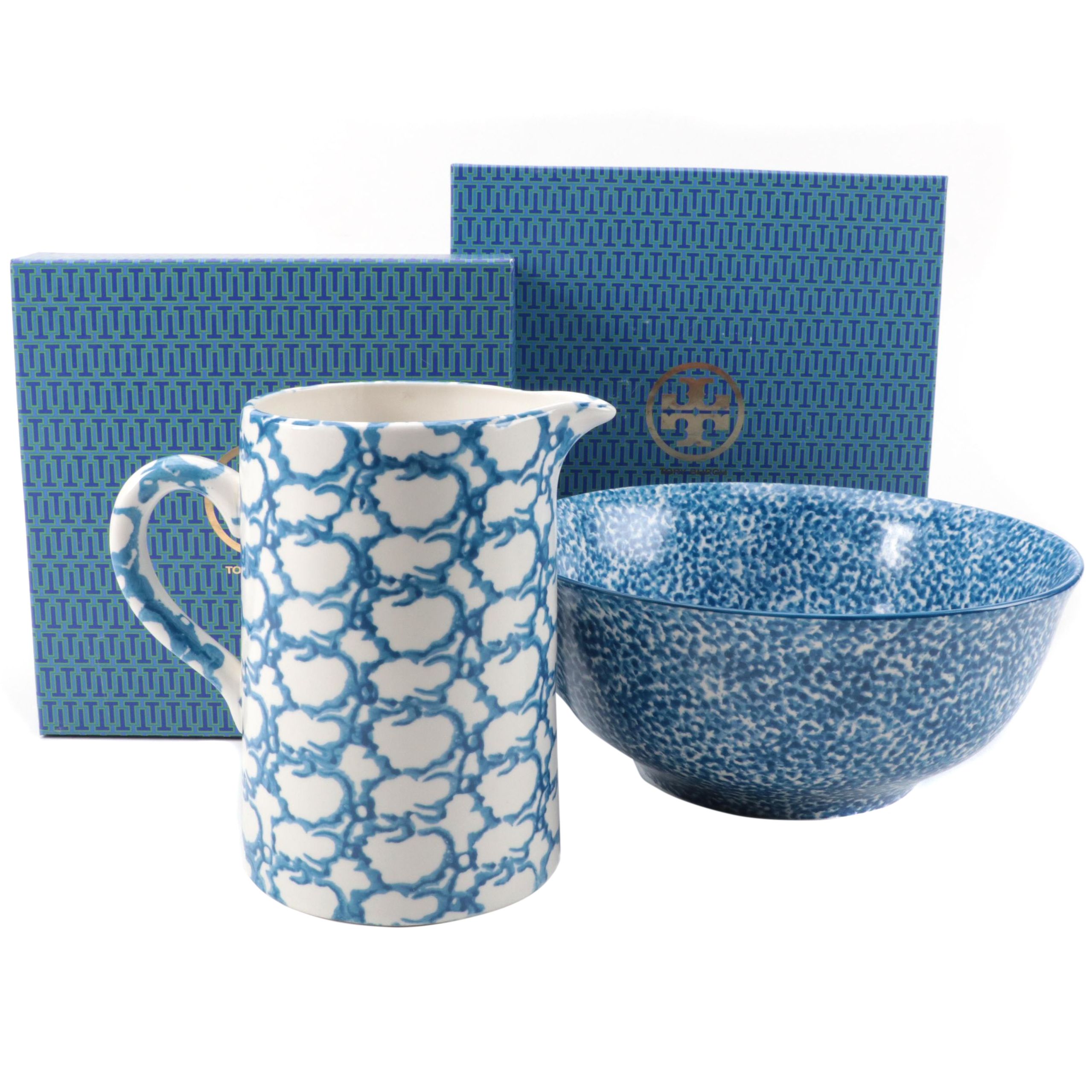 Tory Burch Stoneware Pitcher and Spongeware Serving Bowl