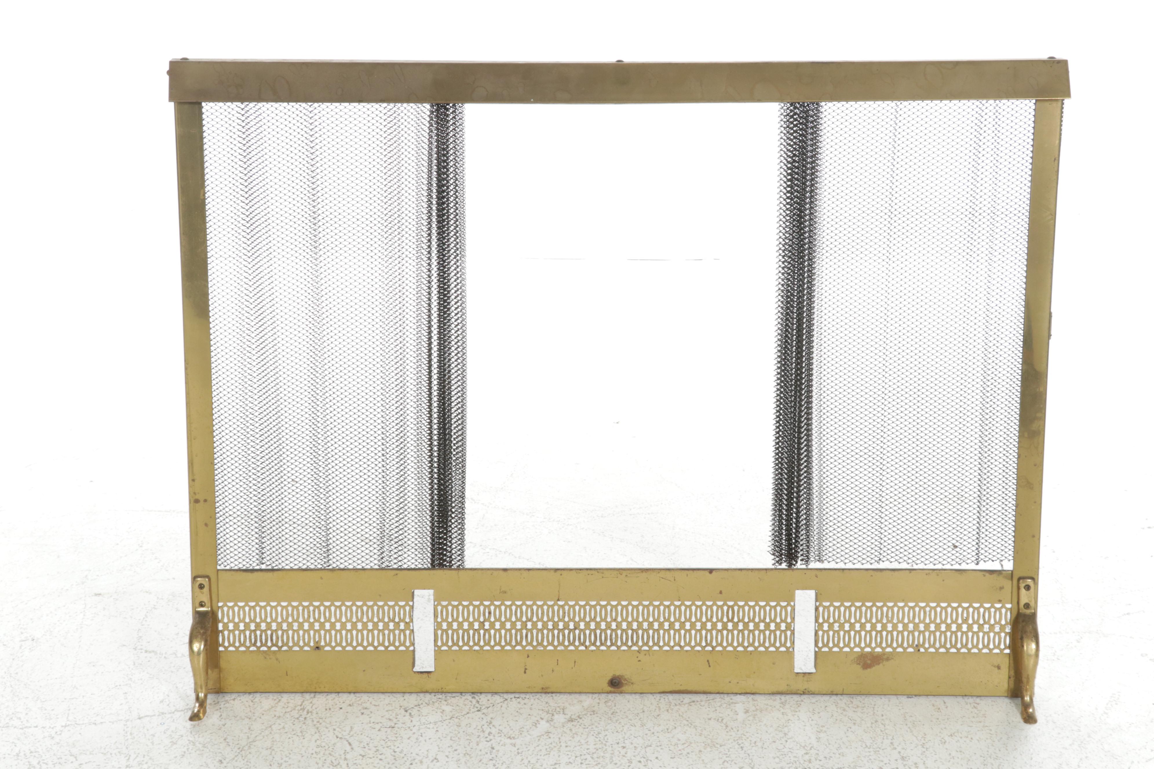 Chippendale Style Andirons with Mesh Curtain Fireplace Screen, Late 20th Century