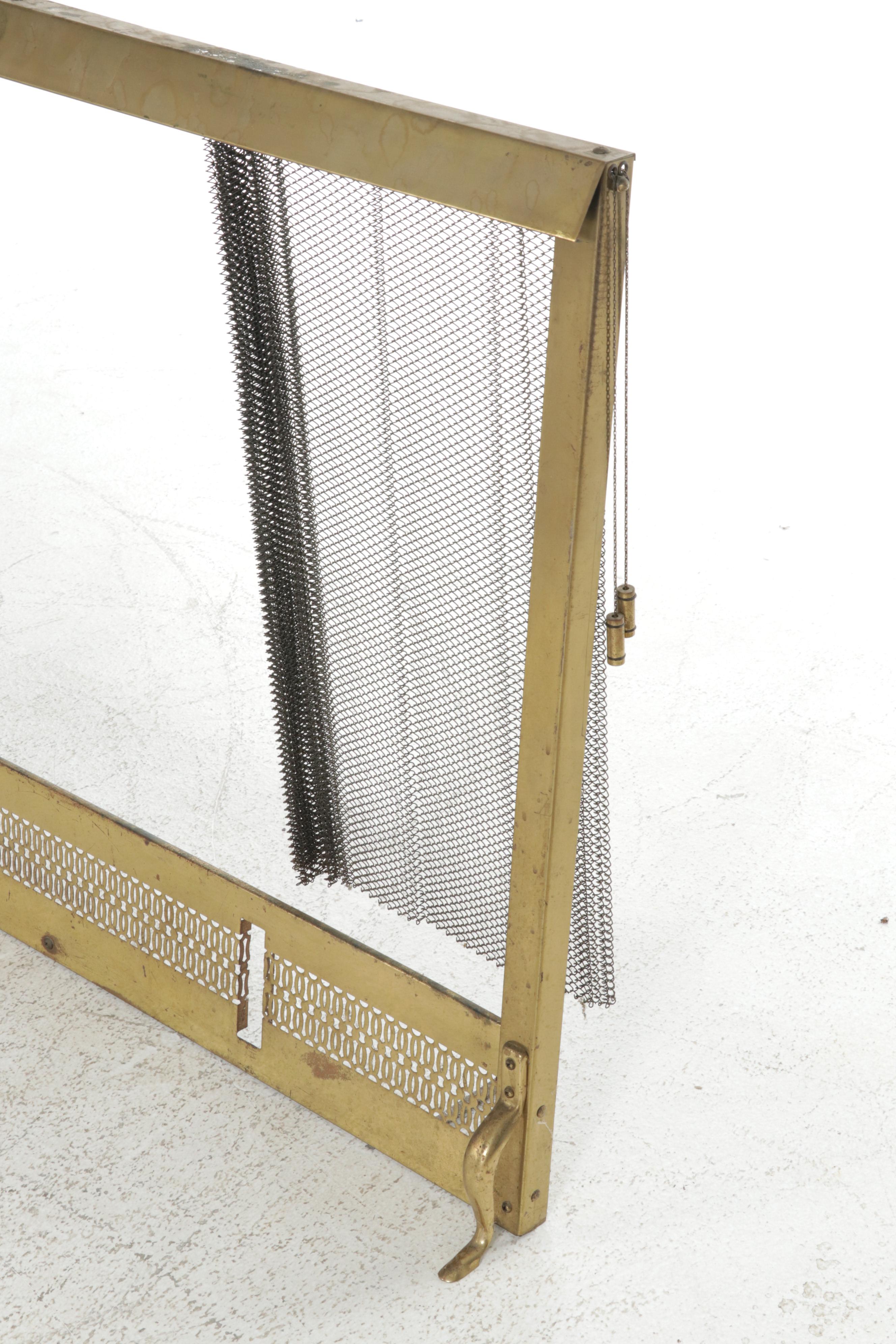 Chippendale Style Andirons with Mesh Curtain Fireplace Screen, Late 20th Century