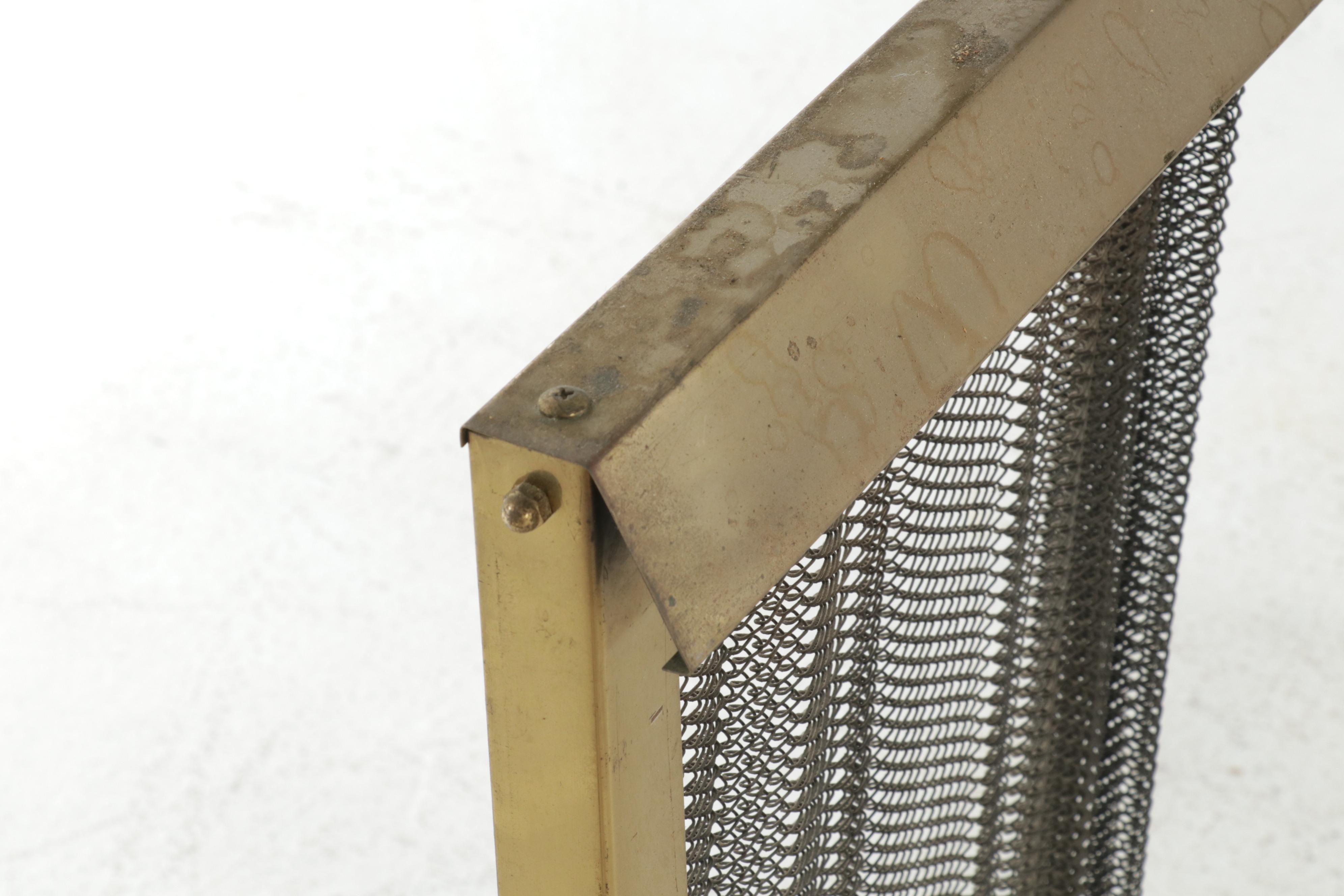 Chippendale Style Andirons with Mesh Curtain Fireplace Screen, Late 20th Century