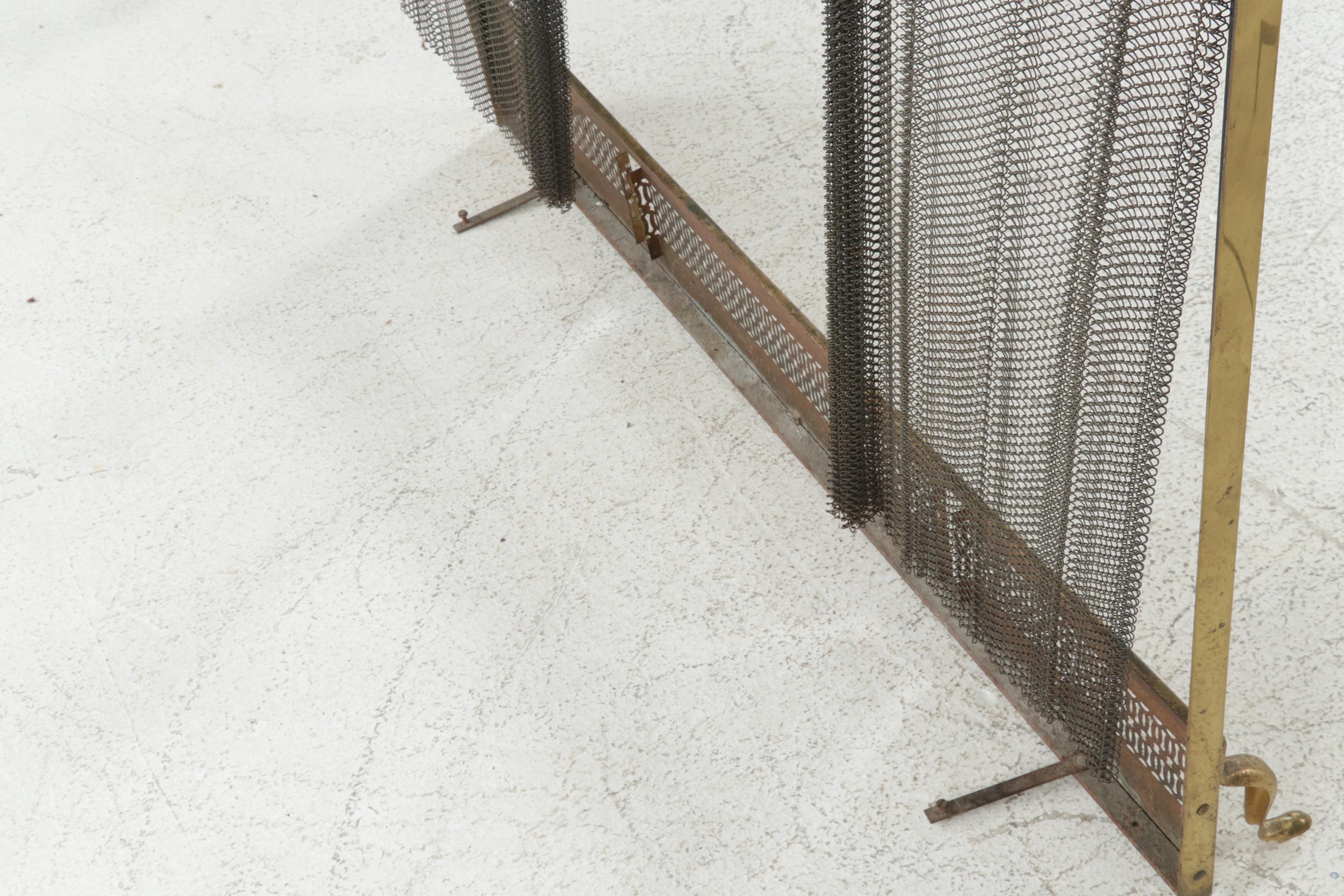 Chippendale Style Andirons with Mesh Curtain Fireplace Screen, Late 20th Century