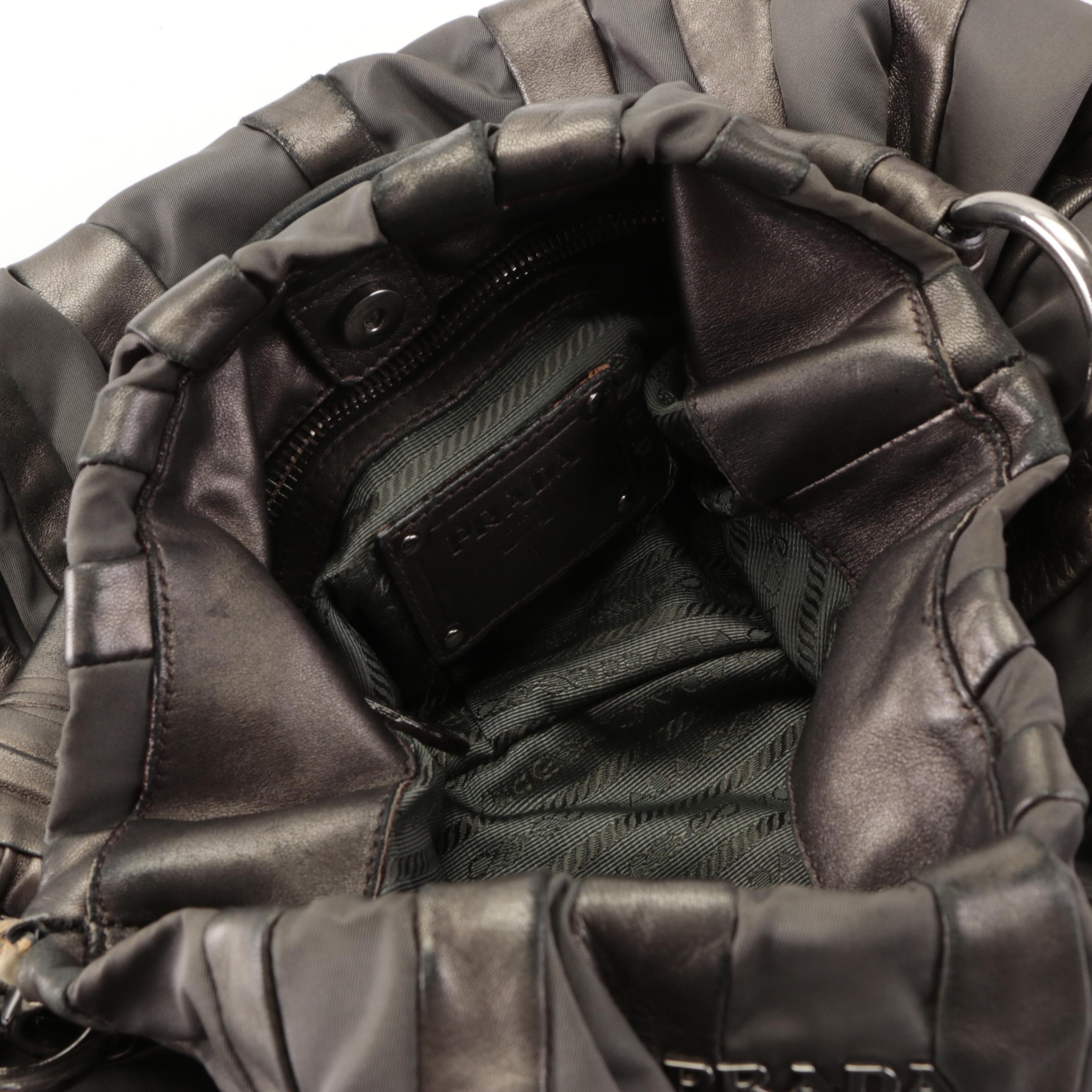 Prada Hobo Bag in Grey Tessuto Nylon and Metallic Lambskin Leather