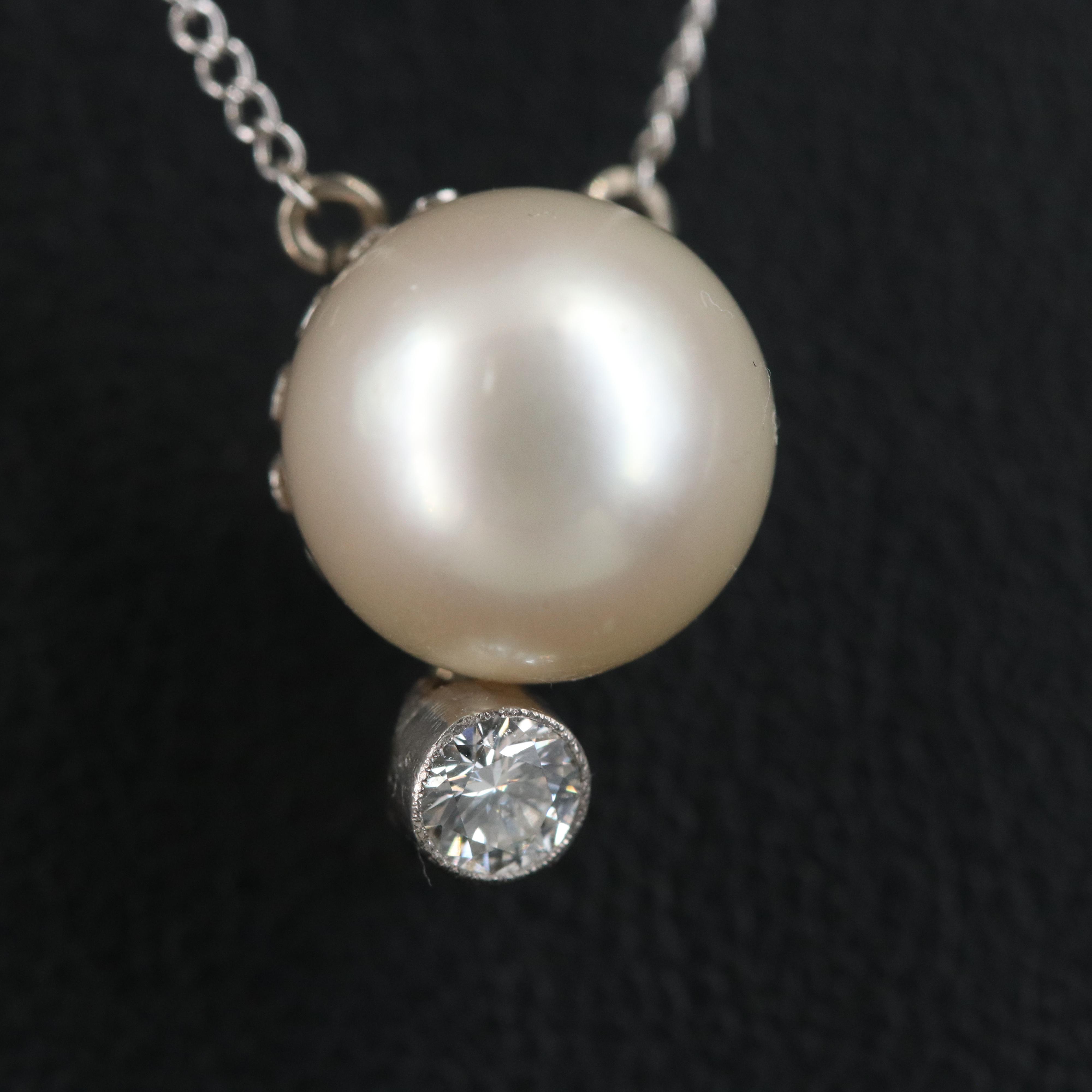 1950s 14K 10.20 MM Pearl and Diamond Necklace with Platinum and Palladium
