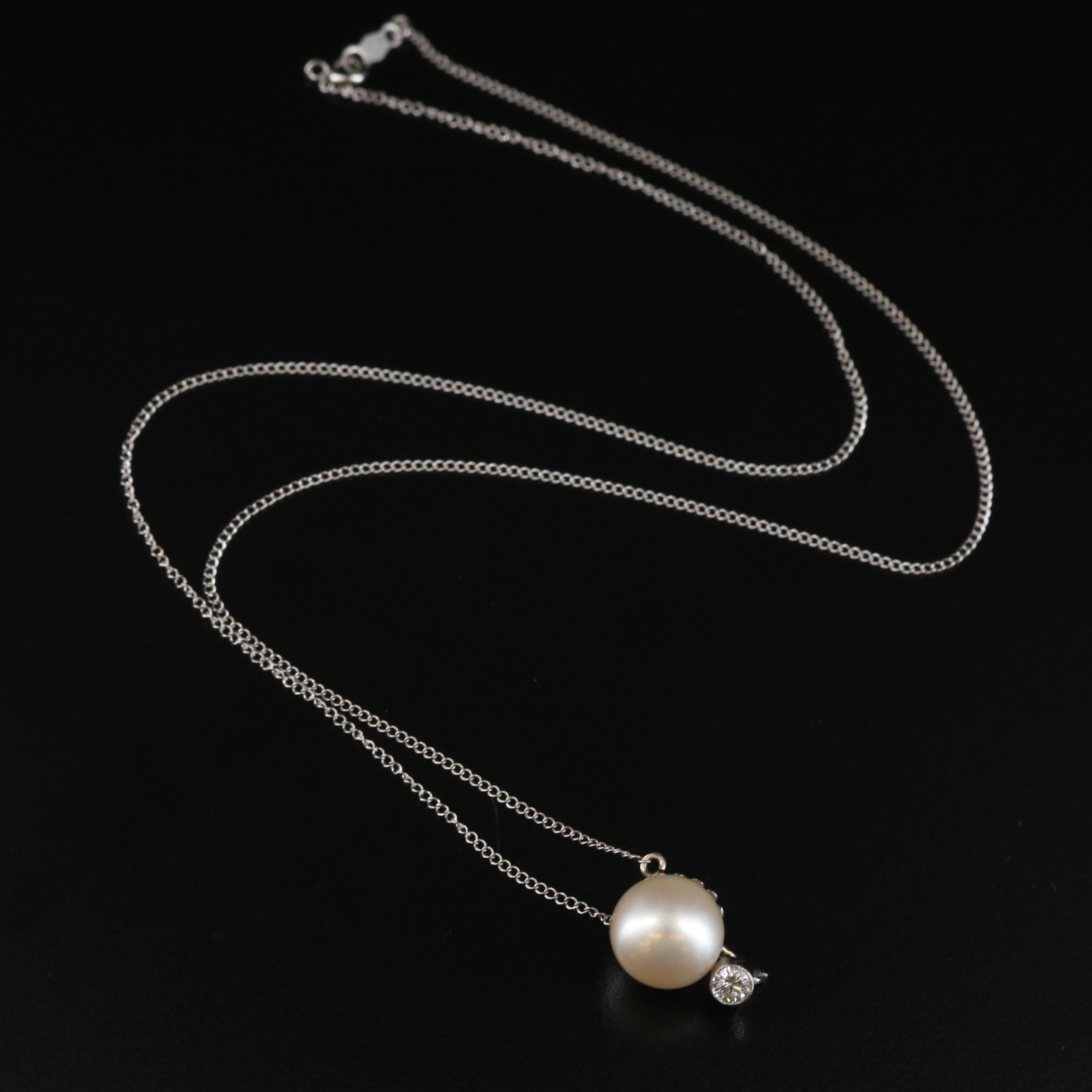 1950s 14K 10.20 MM Pearl and Diamond Necklace with Platinum and Palladium