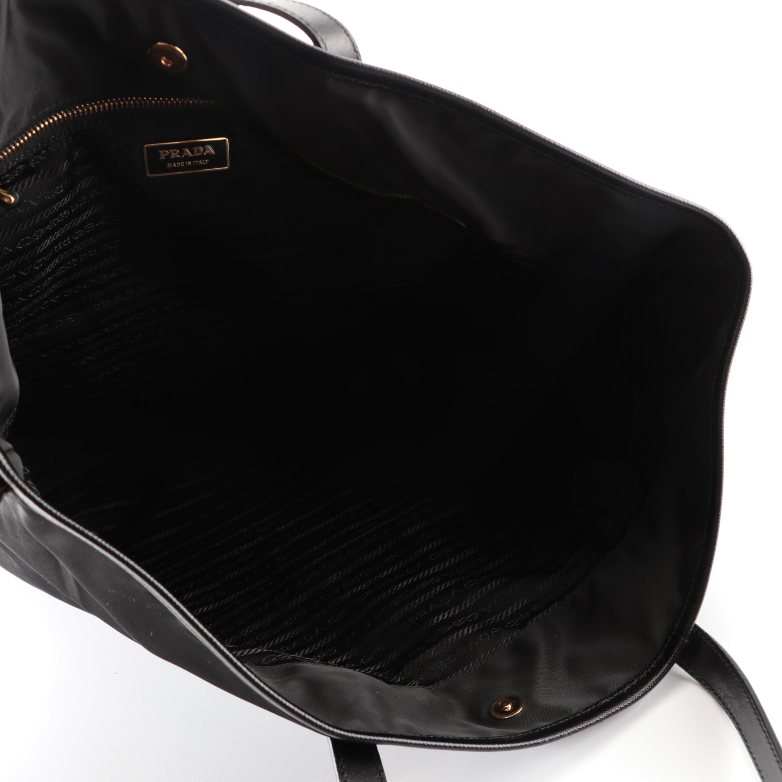Prada Large Shoulder Tote in Black Nylon Tessuto with Saffiano Leather Appliqués