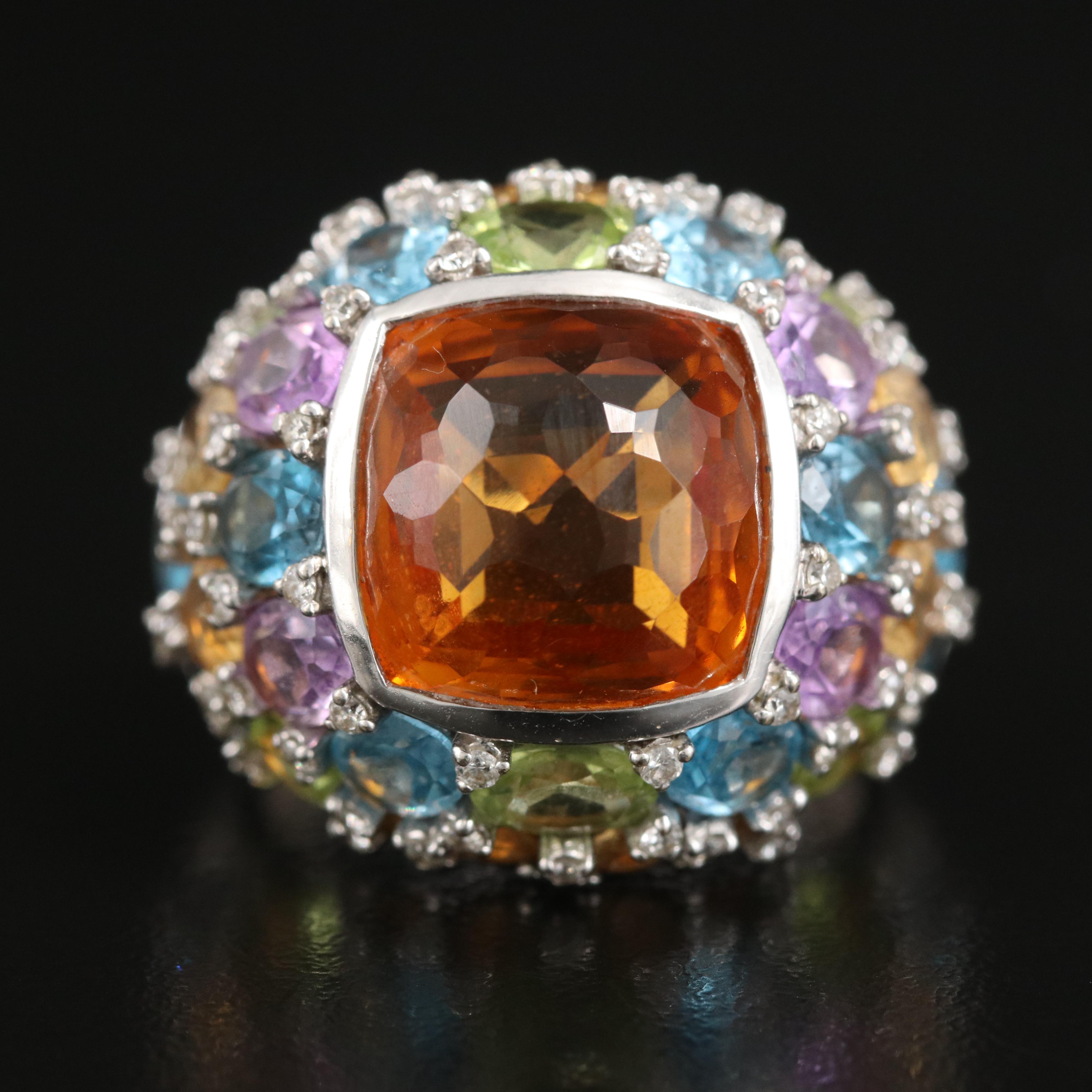 18K Citrine, Diamond and Gemstone Dome Ring with 8.55 CT Center Stone