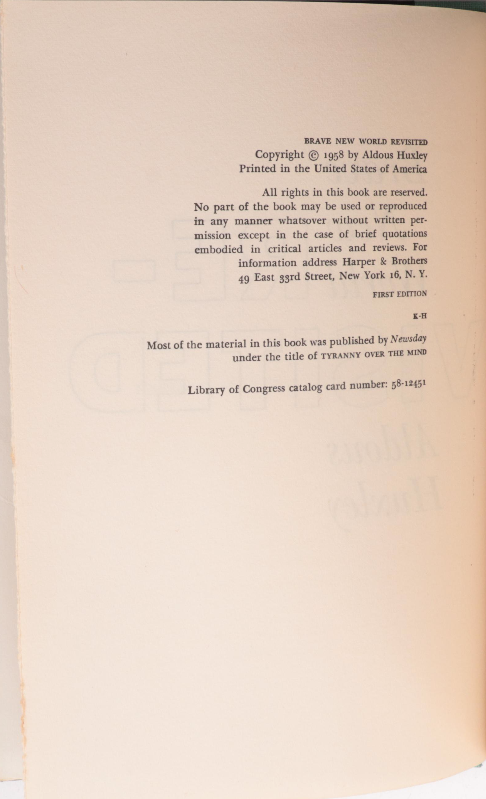 First Edition "Brave New World Revisited" by Aldous Huxley, 1958