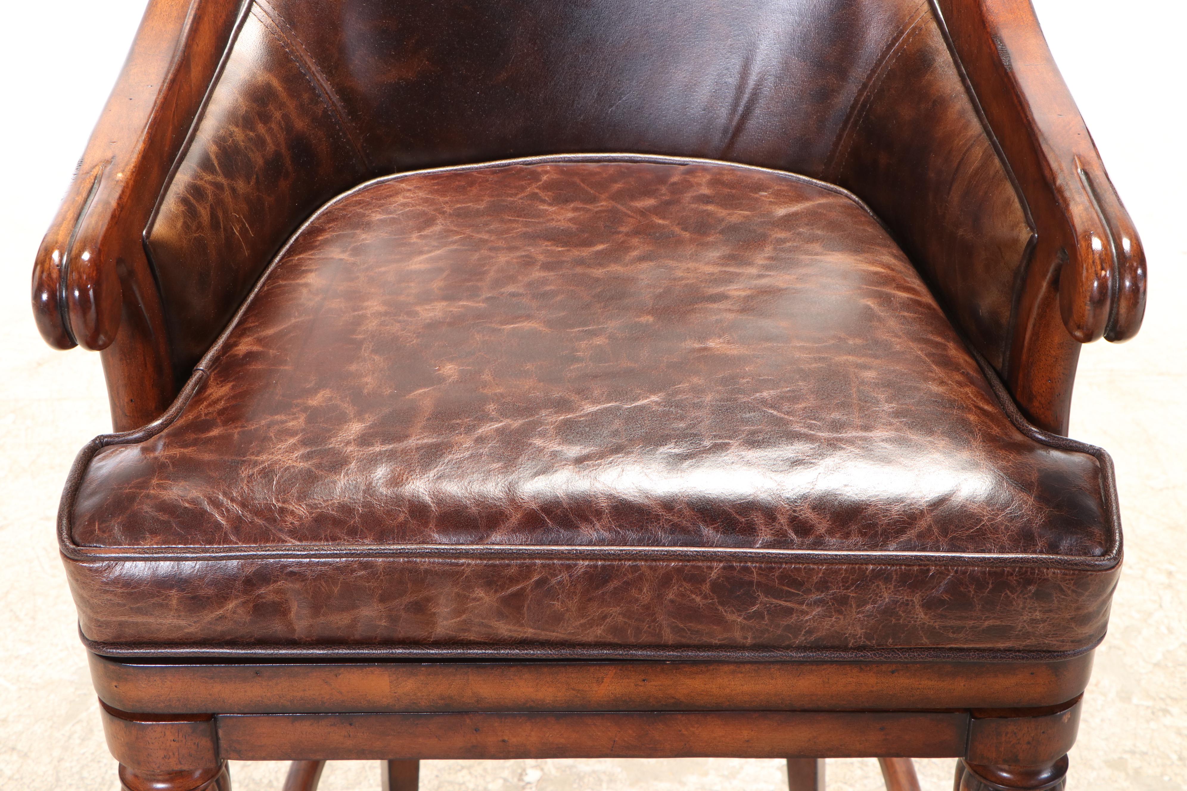 Four Frontgate Classical Style Hardwood and Leather Swivel Bar Stools