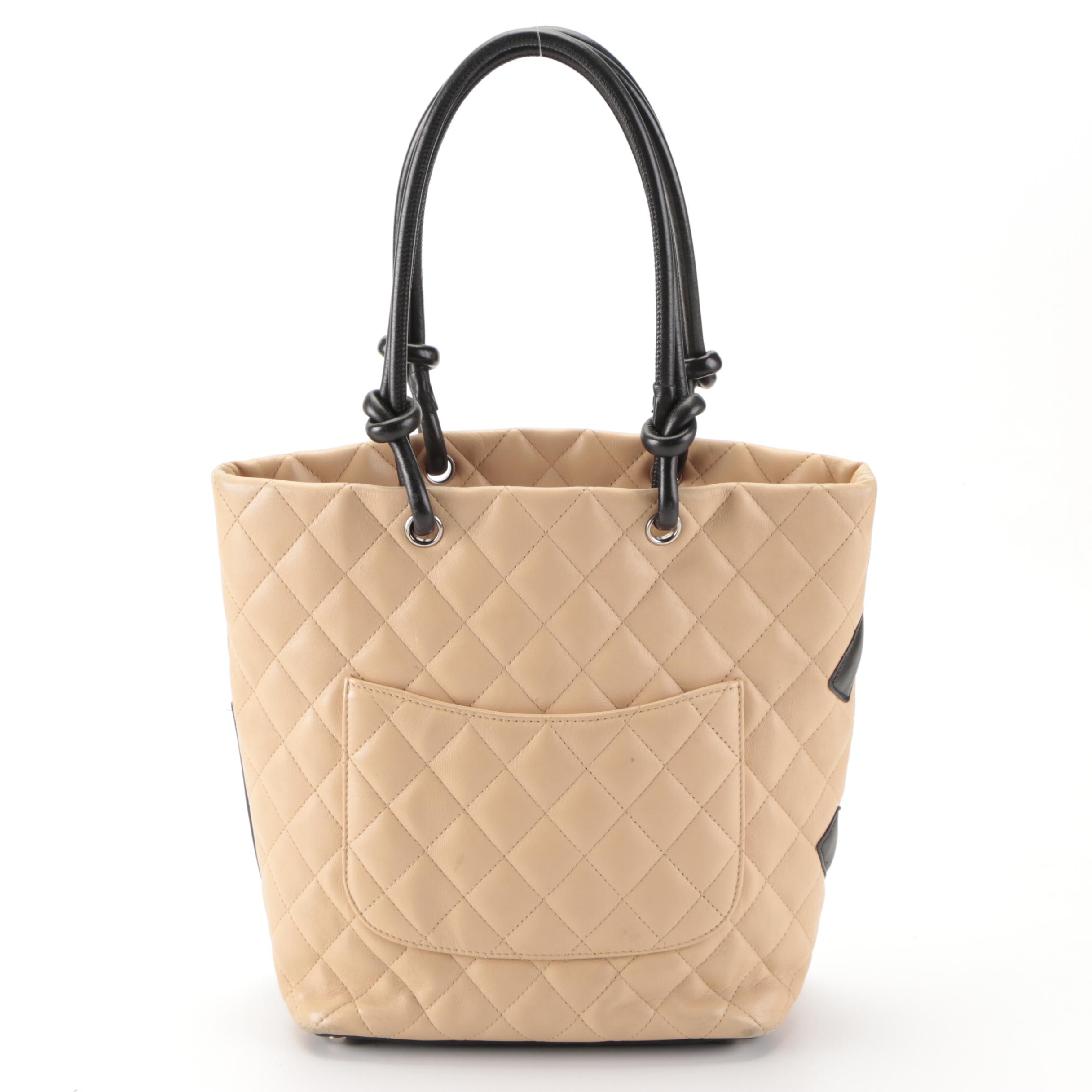 Chanel Ligne Cambon Tan/Black Quilted Leather Mini Shopping Tote Bag