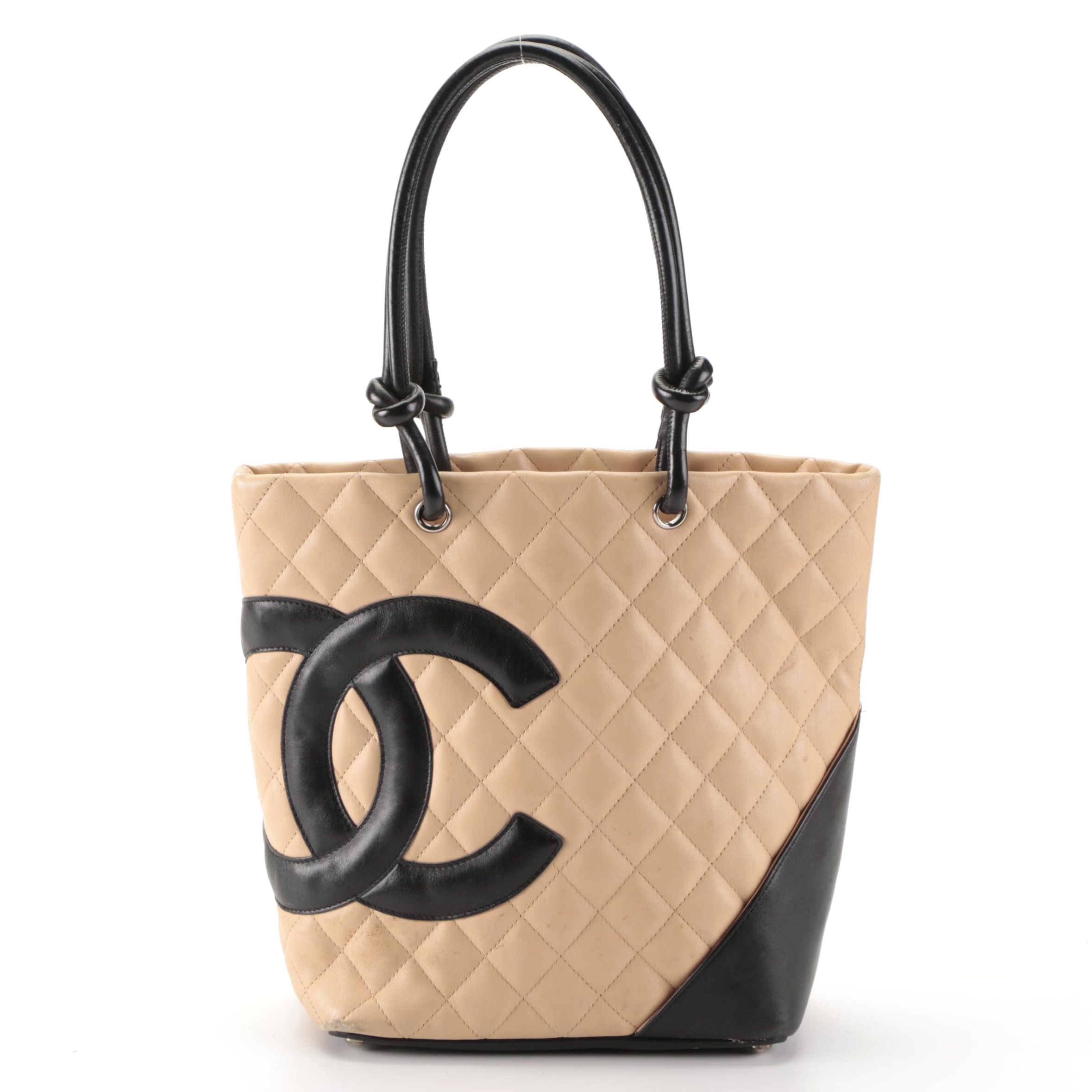 Chanel Ligne Cambon Tan/Black Quilted Leather Mini Shopping Tote Bag