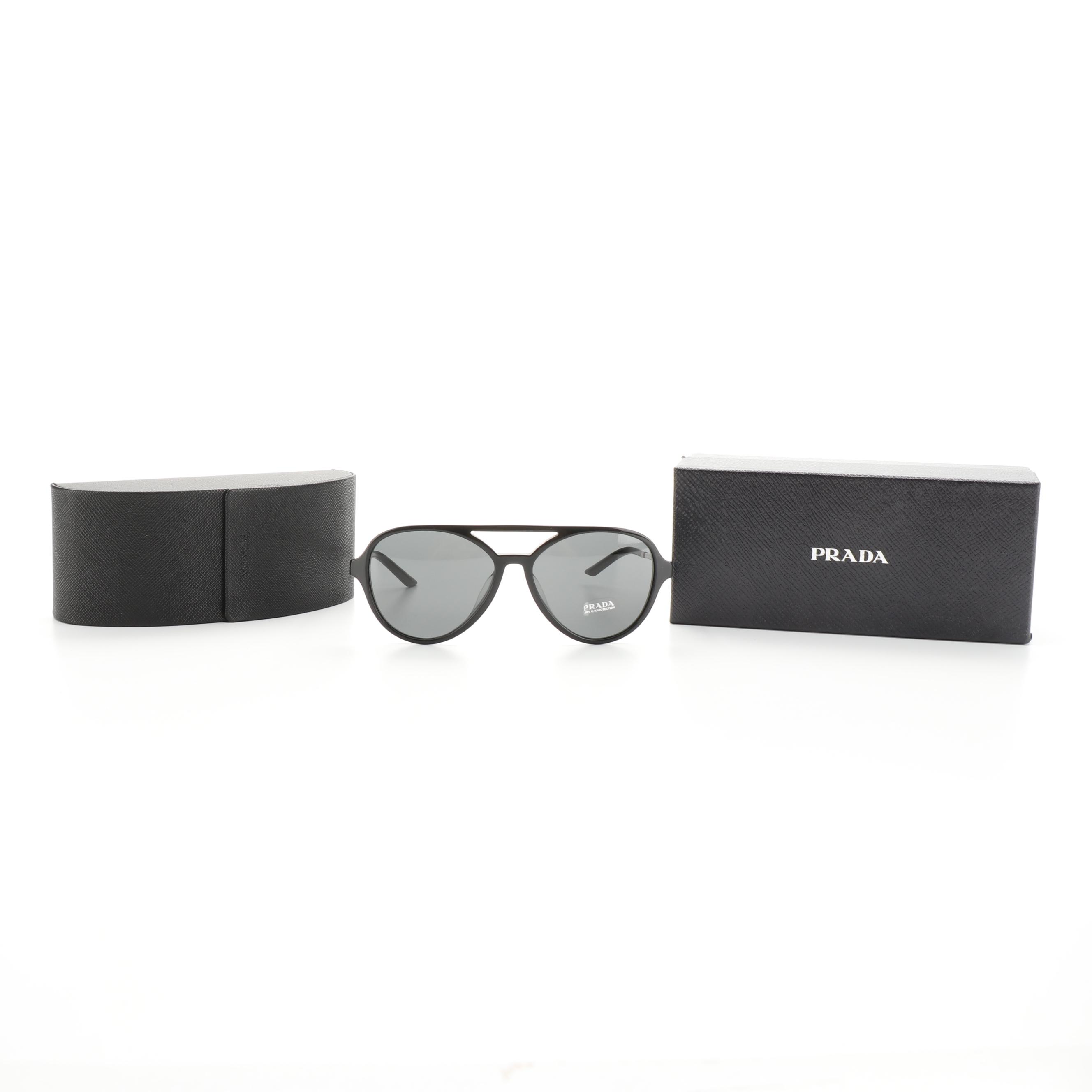 Prada SPR 13W-F Aviator Sunglasses in Black Acetate with Case and Box