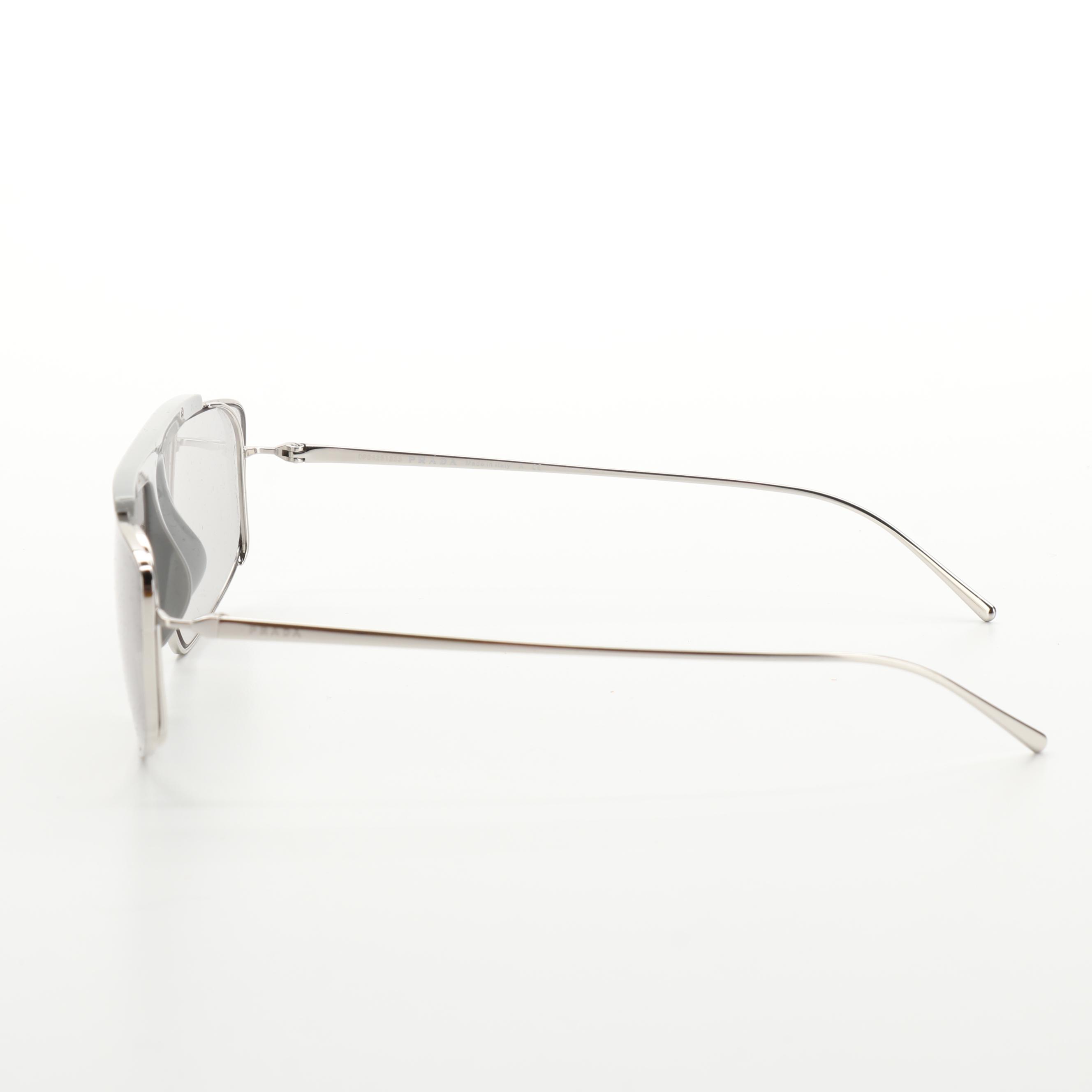 Prada SPR 50V Browline Sunglasses in Silver Tone Metal with Case and Box