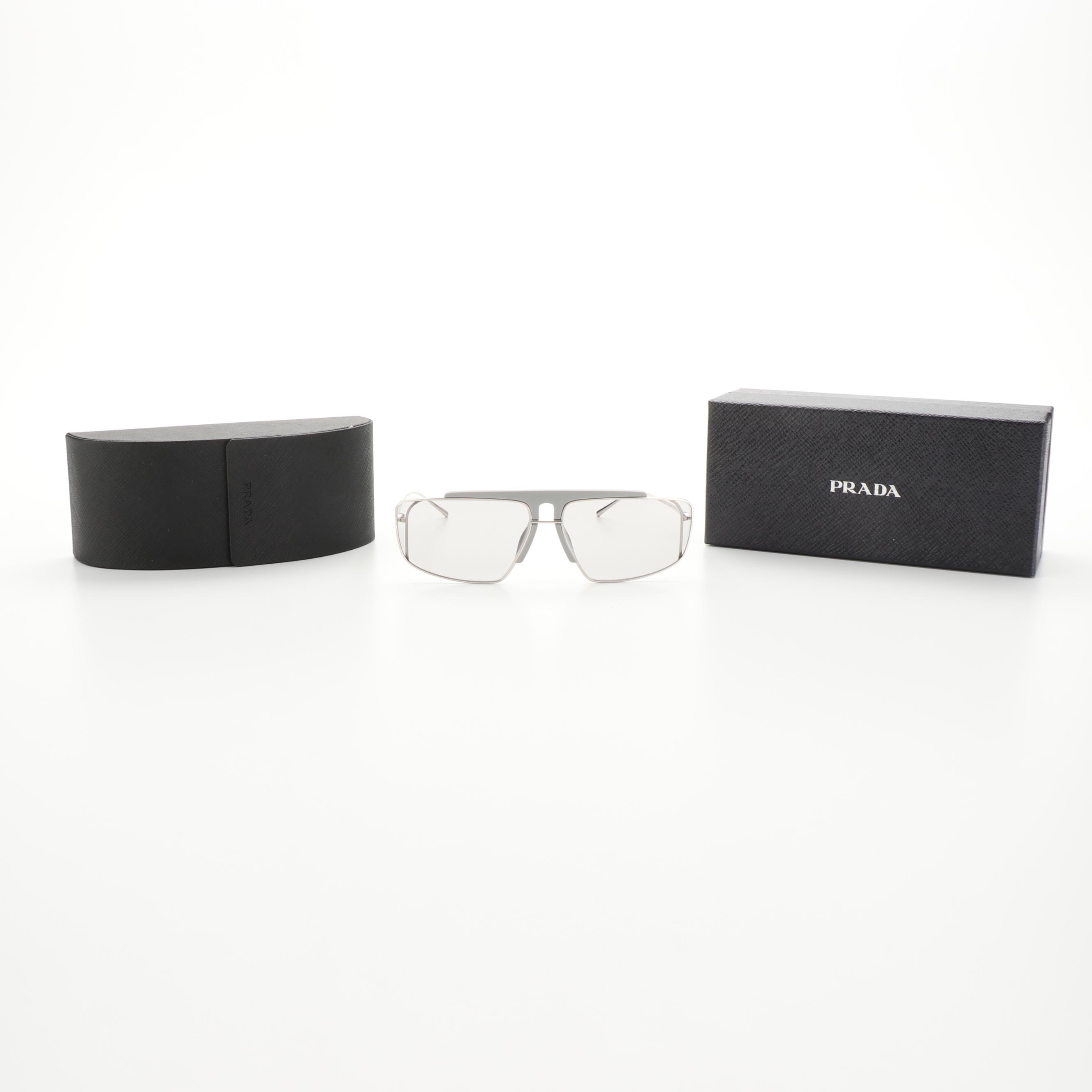 Prada SPR 50V Browline Sunglasses in Silver Tone Metal with Case and Box